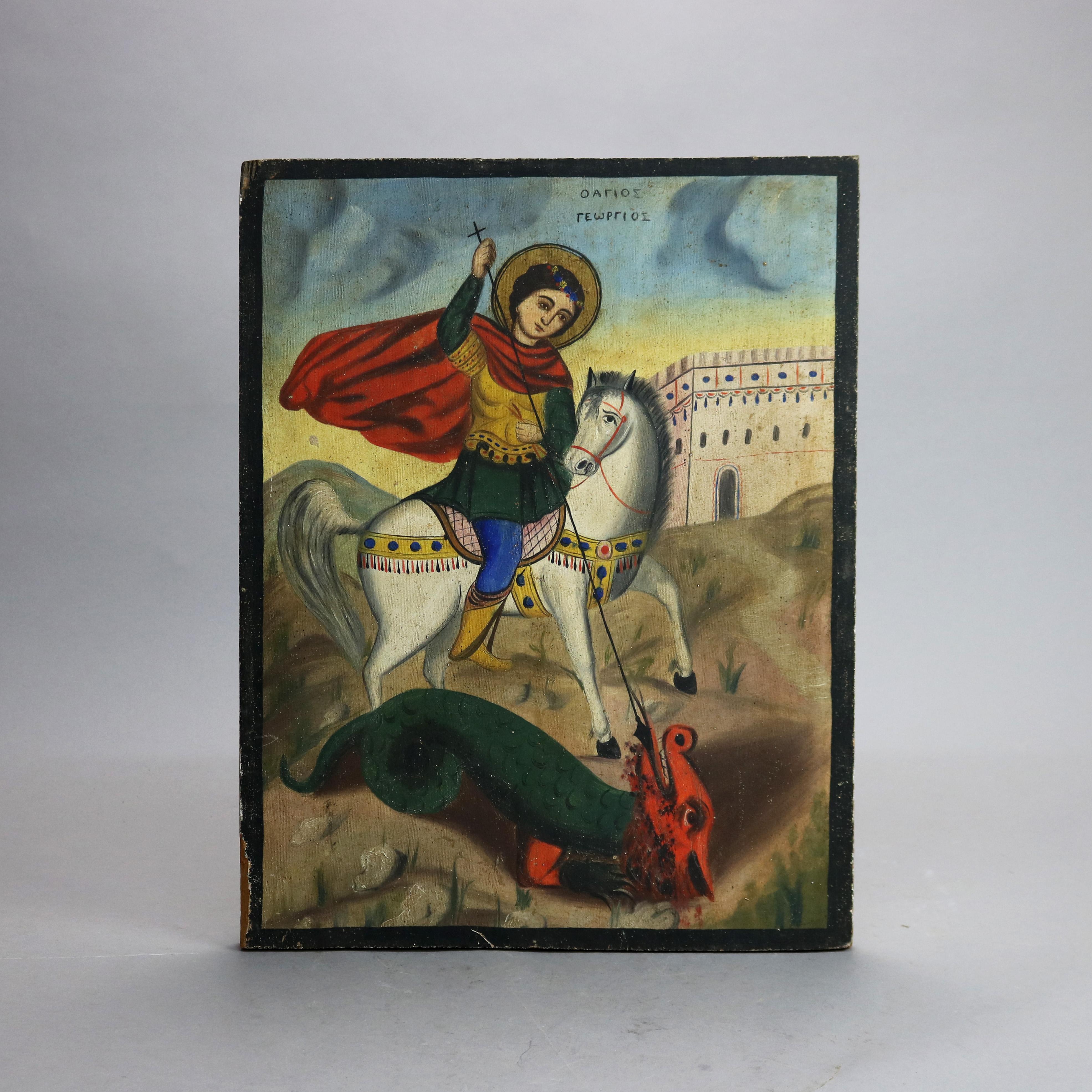 An antique Russian Orthodox Icon offers hand painted scene on wood panel depicting St. George on horseback slaying the dragon with the castle in the background, verbiage as photographed, c1890

Measures - 19.5''h x 14.25''w x 1.75''d.

Catalogue