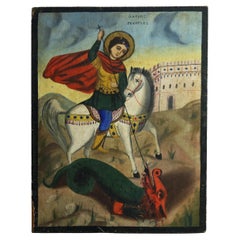 Antique Russian Icon Painting on Wood Panel, Saint George & The Dragon, c1890