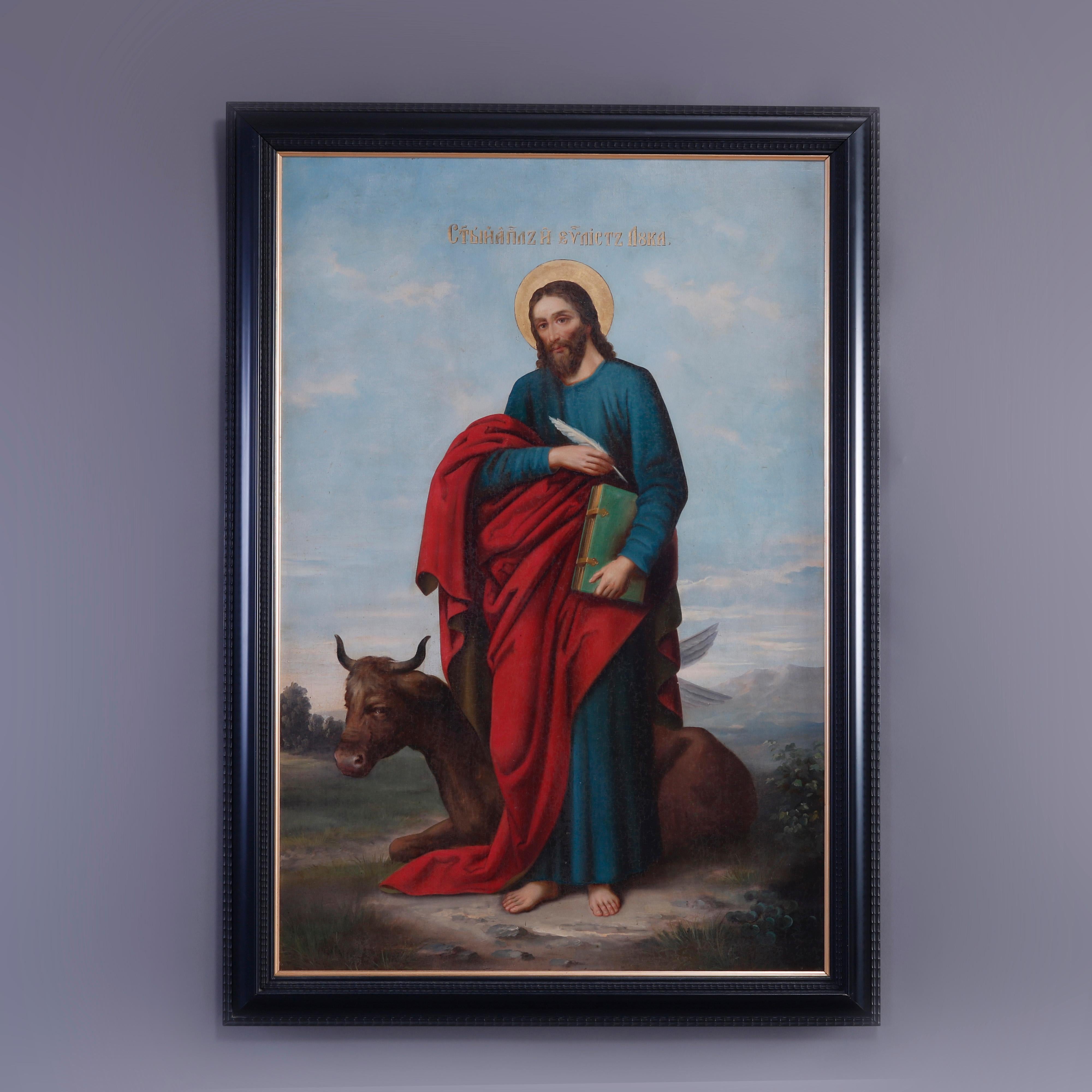 An antique Russian Icon Style painting offers oil on canvas depiction of Saint Luke with his bull, framed, 20th century

Measures - overall 42''H x 29''W x 1.5''D; sight 25.25'' x 37.5''.