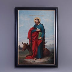 Antique Russian Icon Style Oil on Canvas Painting of St. Luke, 20th C