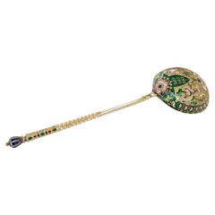 Antique Russian Imperial 11th Artel Silver Gilt & Cloisonne Large Spoon Moscow
