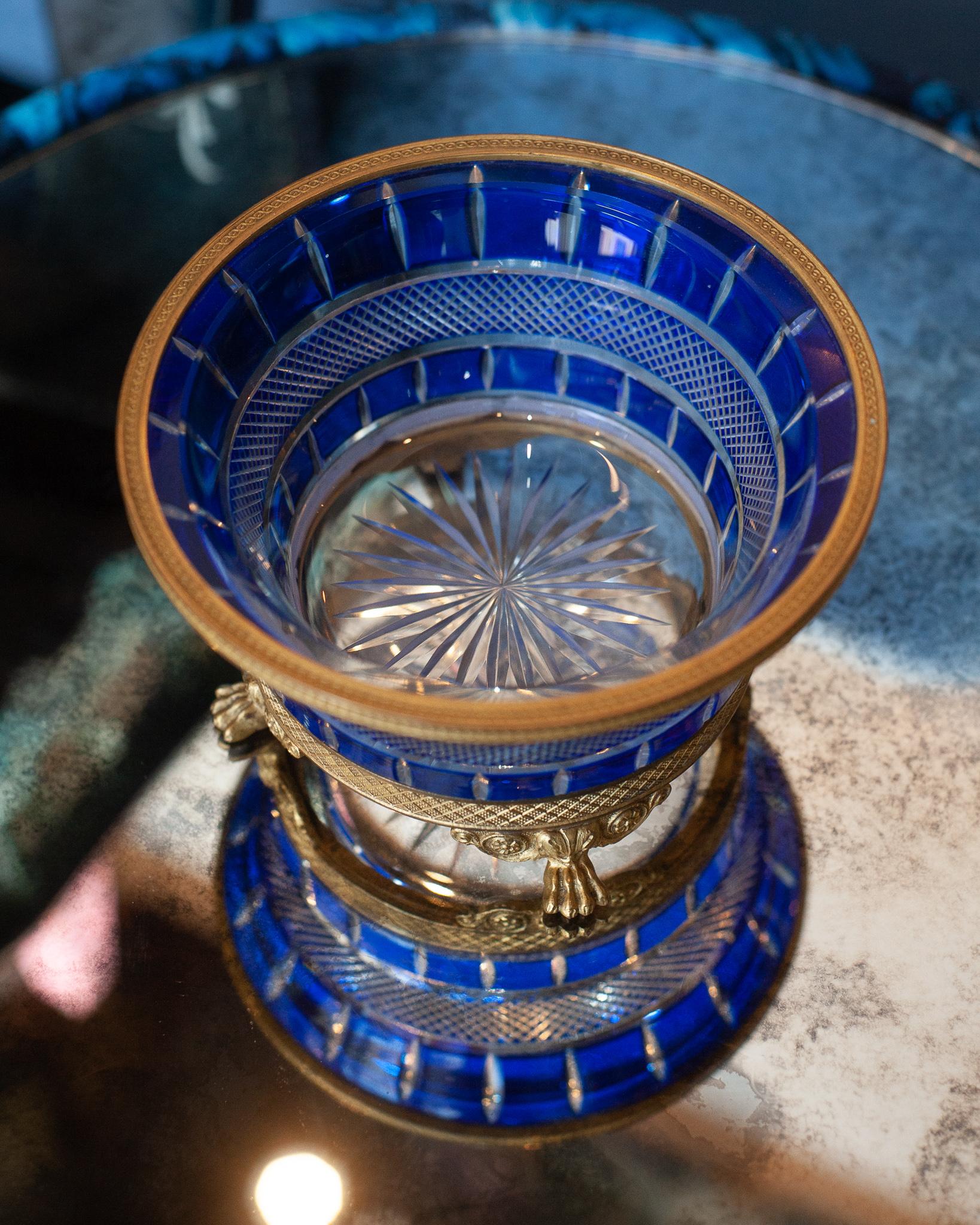 Antique Russian Imperial Cobalt Cut Crystal and Bronze Bowl In Good Condition For Sale In Toronto, ON