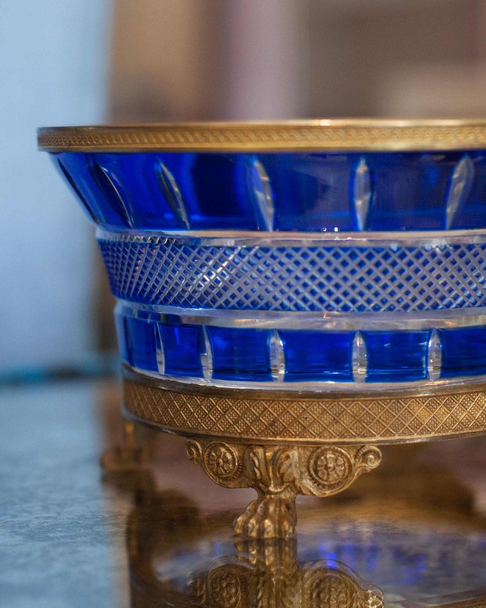 19th Century Antique Russian Imperial Cobalt Cut Crystal and Bronze Bowl For Sale