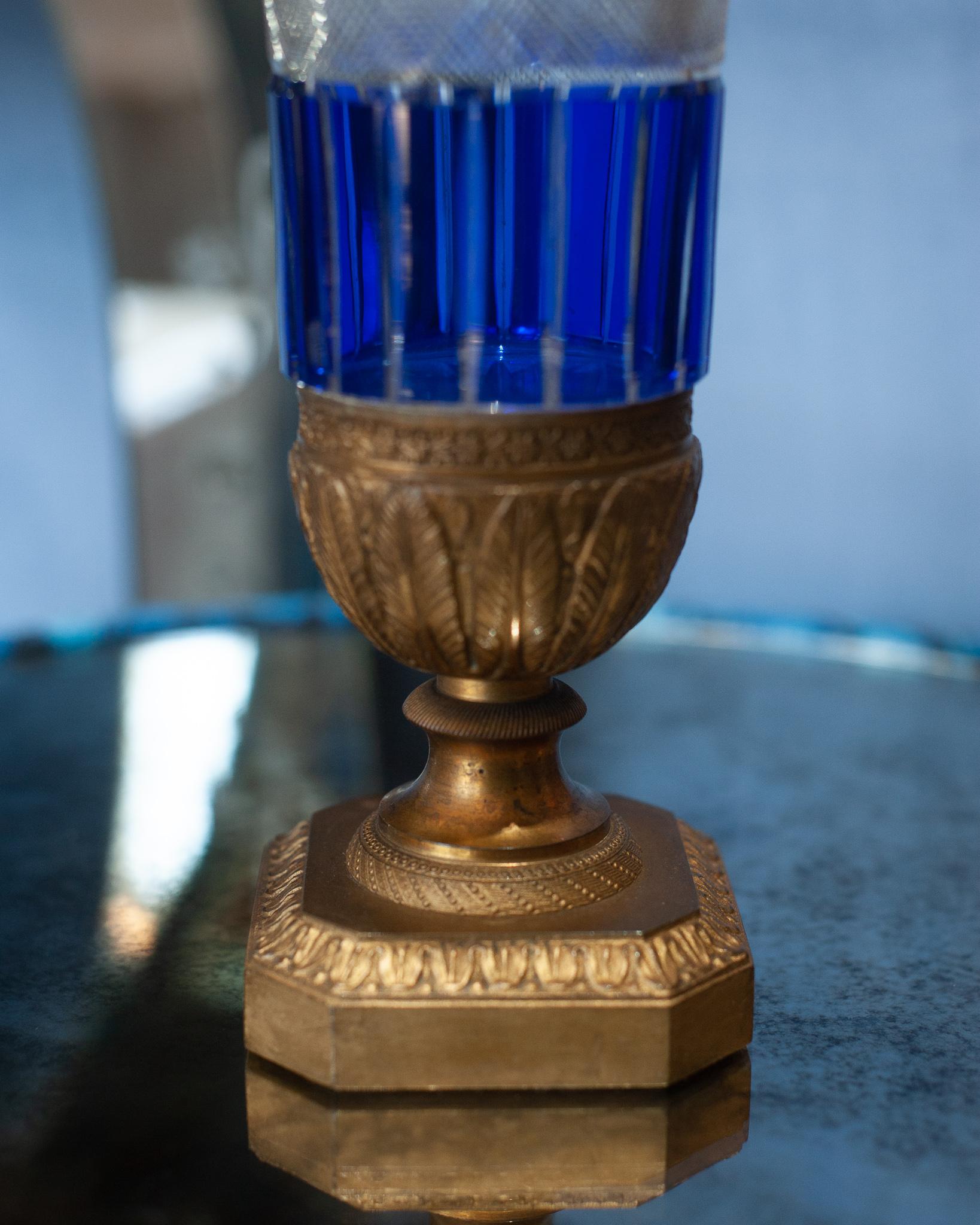 Antique Russian Imperial Cobalt Cut Crystal and Bronze Vase In Good Condition In Toronto, ON