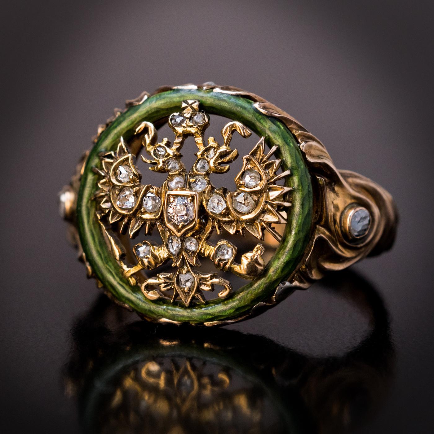 Art Nouveau Antique Russian Imperial Eagle Diamond Enamel Gold Ring