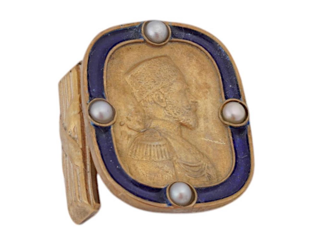 Russian Empire Antique Russian Imperial Gilt Silver Cufflinks Enamel Freshwater Pearl For Sale