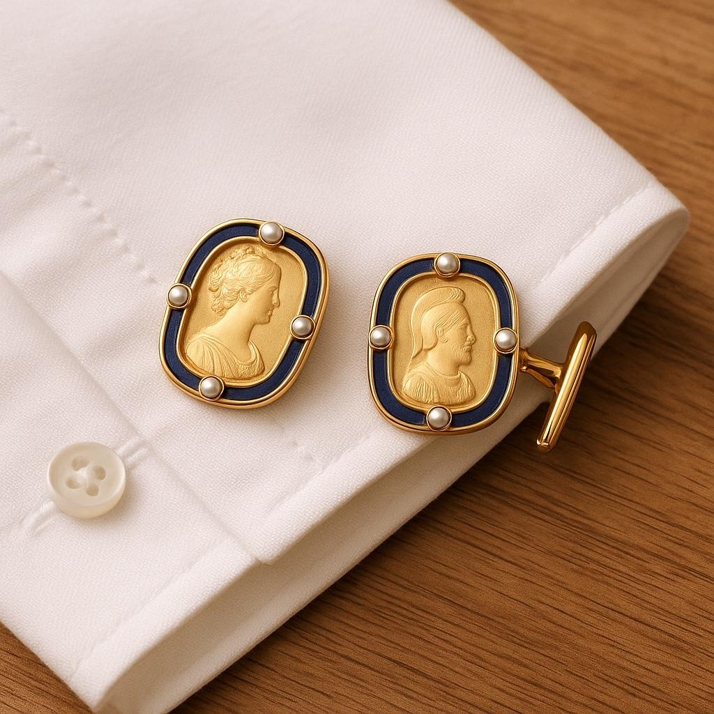 Immerse yourself in the opulence and history of Tsarist Russia with this exceptionally rare pair of vintage Russian Imperial presentation cufflinks, masterfully crafted in gilt silver and exquisitely detailed with regal portraiture. Each cufflink