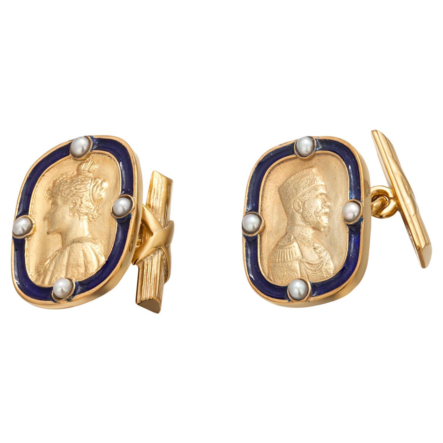 Antique Russian Imperial Gilt Silver Cufflinks Enamel Freshwater Pearl