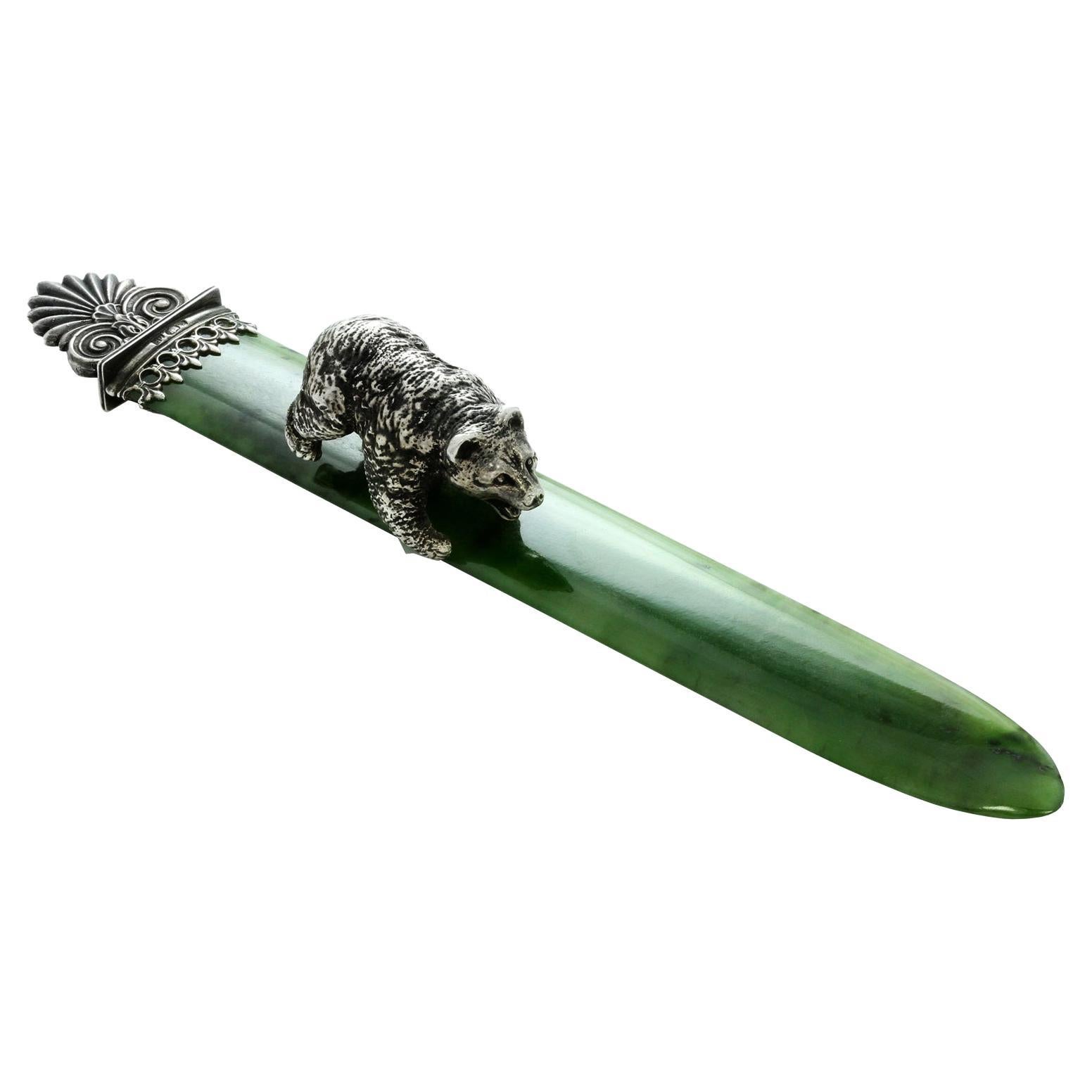 Antique Russian Imperial Nephrite Sterling Silver Bear Letter Opener For Sale