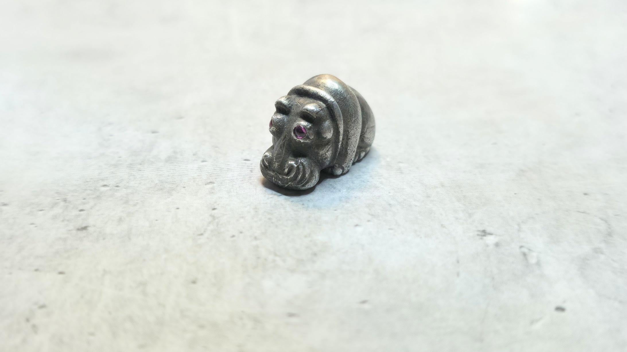 Cabochon Antique Russian Imperial Silver Baby Hippo with Ruby Eyes by Julius Rappoport For Sale