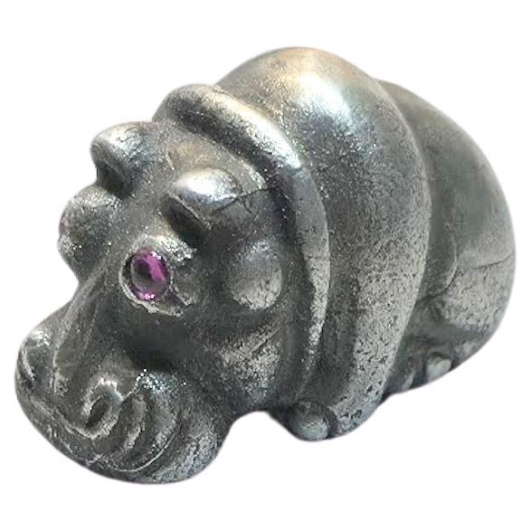 Antique Russian Imperial Silver Baby Hippo with Ruby Eyes by Julius Rappoport For Sale