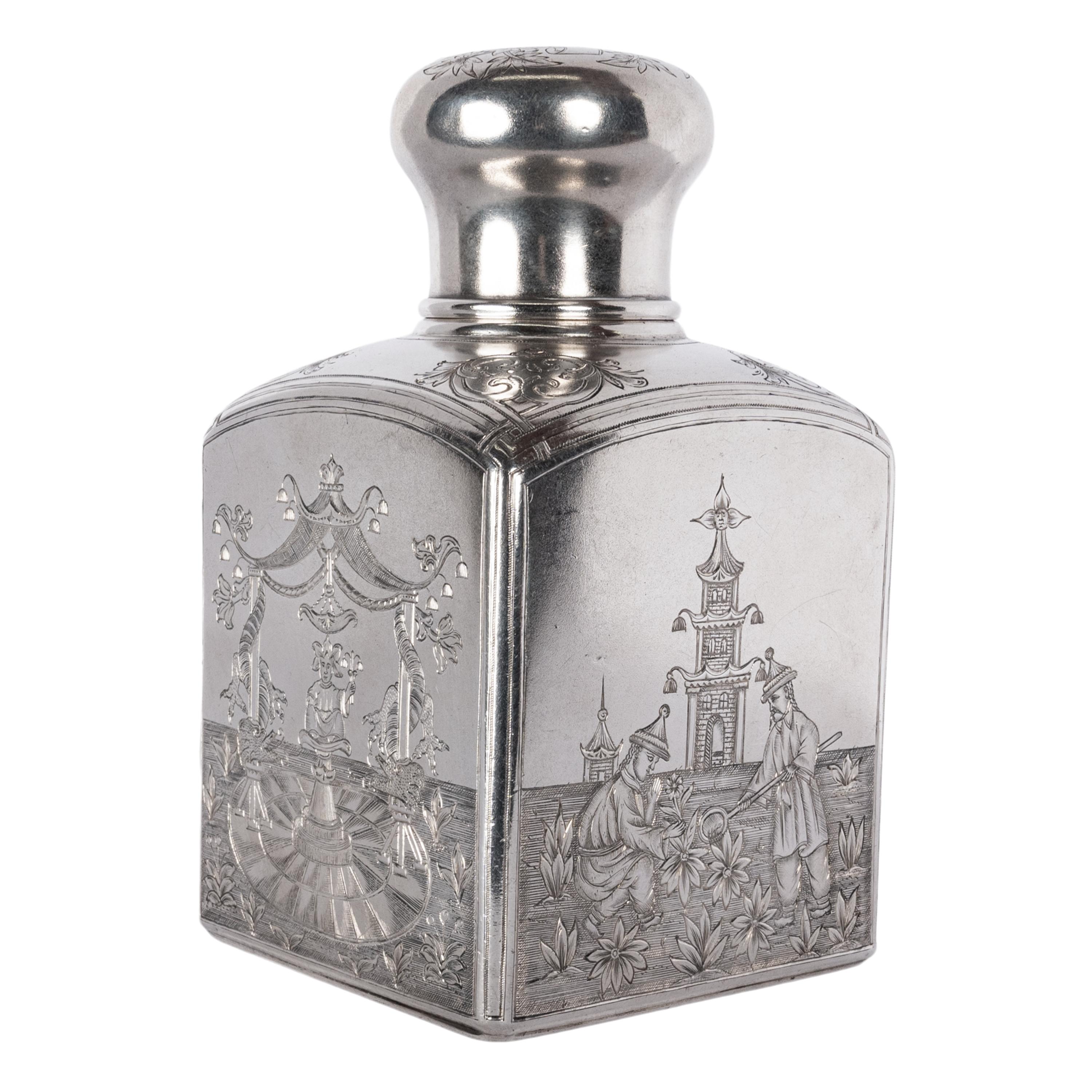 A fine quality antique Russian Imperial silver tea caddy, engraved in the Chinoiserie style, by Gustav Klingert, Moscow, dated 1894.
Gustav Klingert worked as a master for Karl Faberge before opening his own Moscow factory/workshop in 1865. He