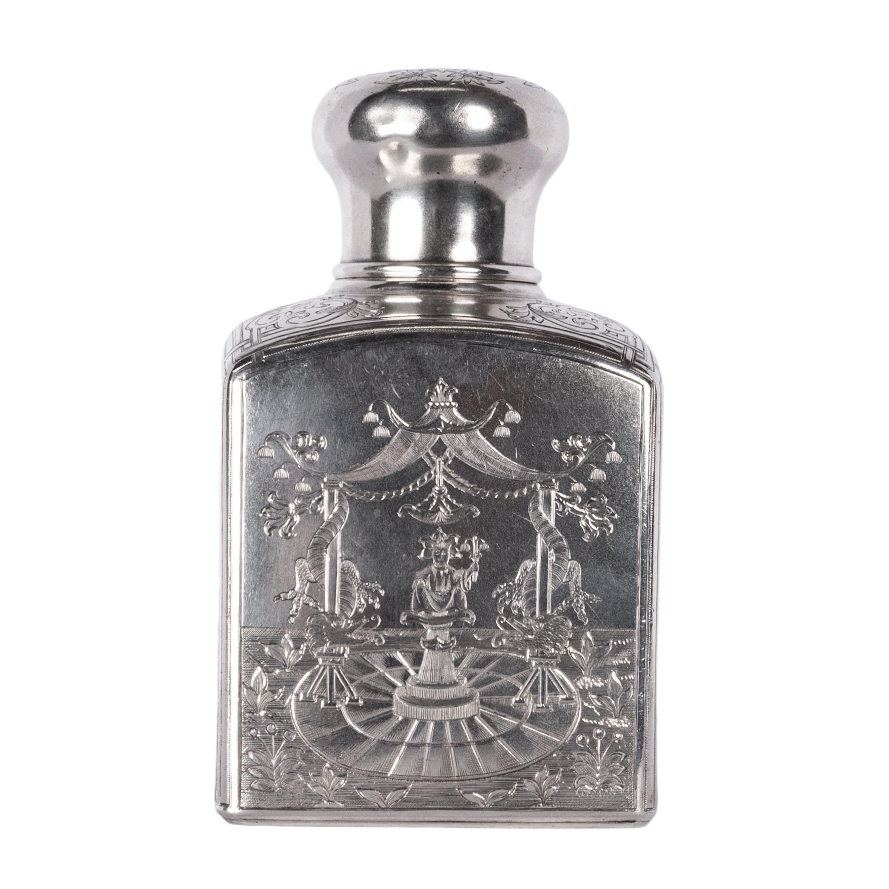 Engraved Antique Russian Imperial Silver Chinoiserie Tea Caddy Gustav Klingert Moscow  For Sale