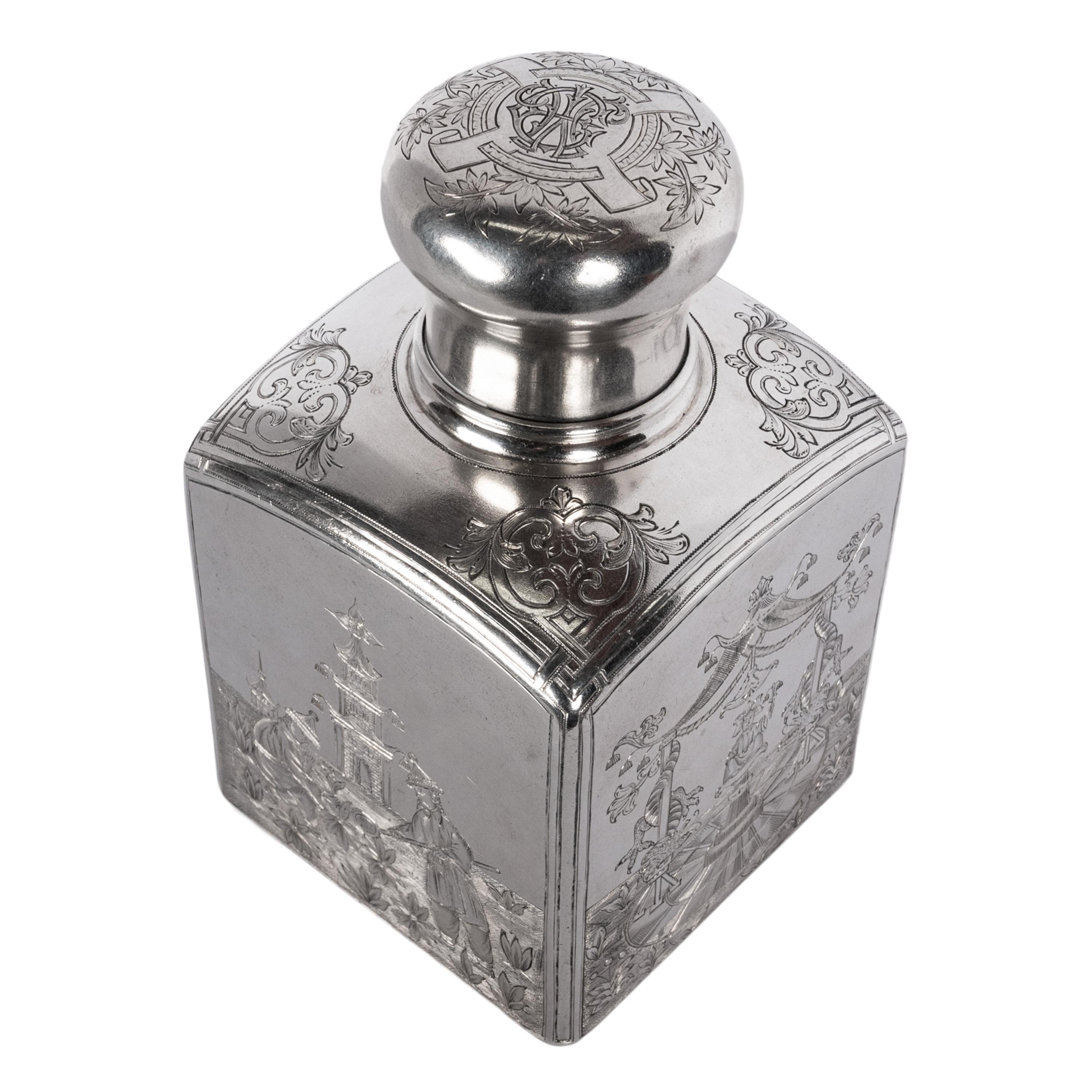 Antique Russian Imperial Silver Chinoiserie Tea Caddy Gustav Klingert Moscow  In Good Condition For Sale In Portland, OR