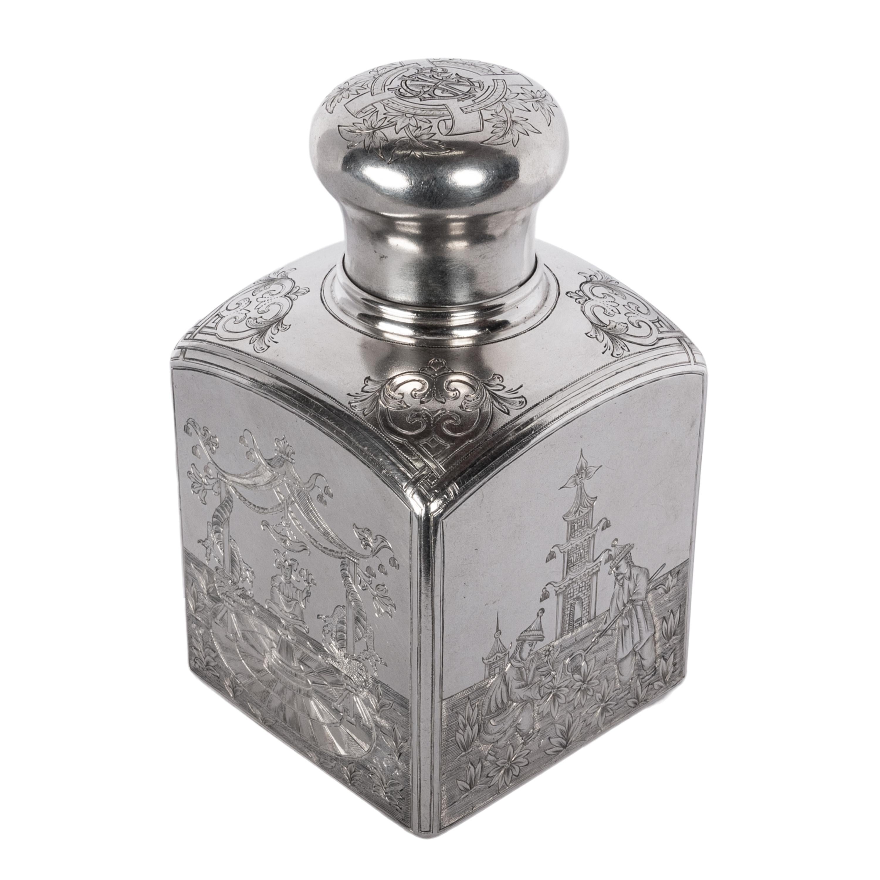 Late 19th Century Antique Russian Imperial Silver Chinoiserie Tea Caddy Gustav Klingert Moscow  For Sale