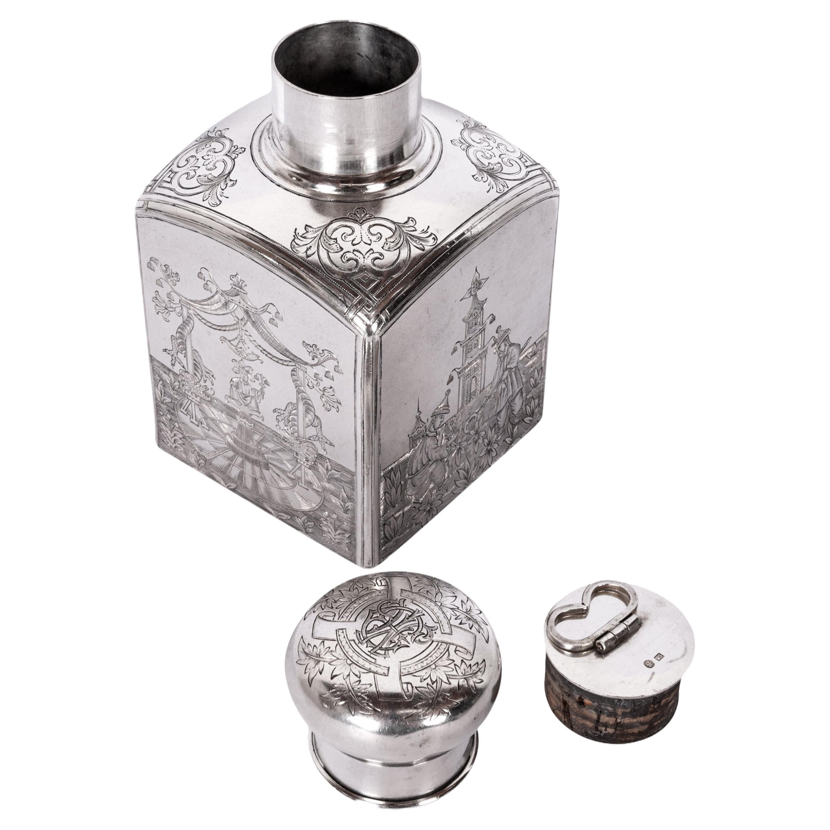 Antique Russian Imperial Silver Chinoiserie Tea Caddy Gustav Klingert Moscow  For Sale 1