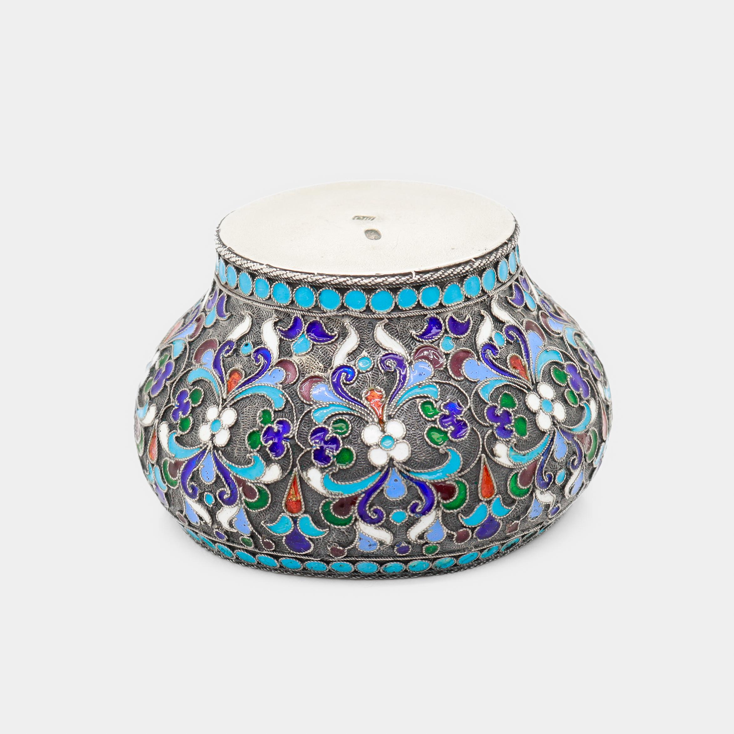 Antique Russian Imperial Silver & Cloisonne Enamel Salt Cellar by Shaposhnikov For Sale 7