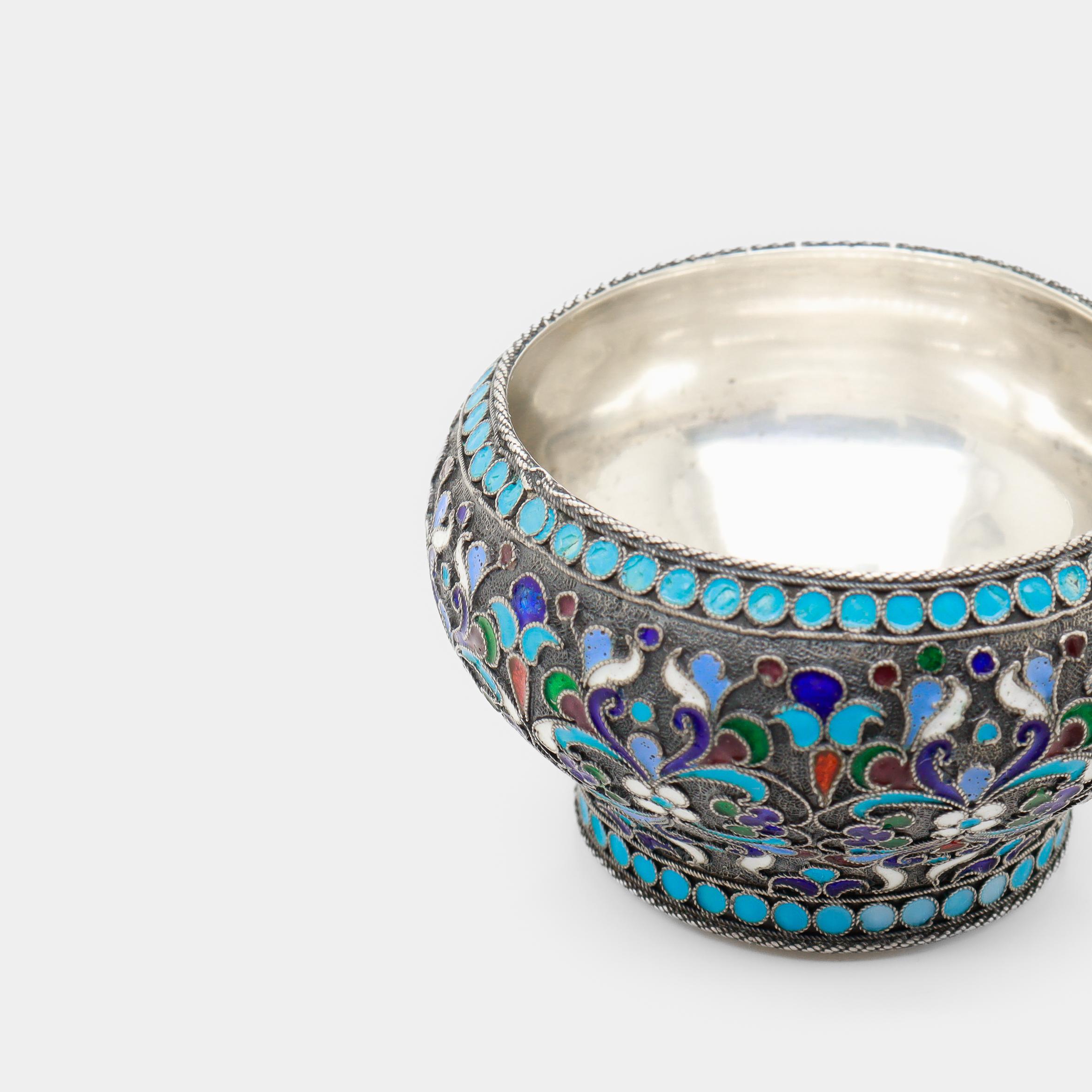 Antique Russian Imperial Silver & Cloisonne Enamel Salt Cellar by Shaposhnikov For Sale 8