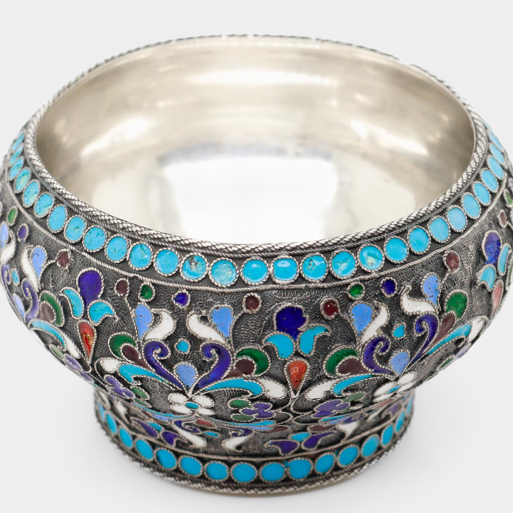 Antique Russian Imperial Silver & Cloisonne Enamel Salt Cellar by Shaposhnikov For Sale 9