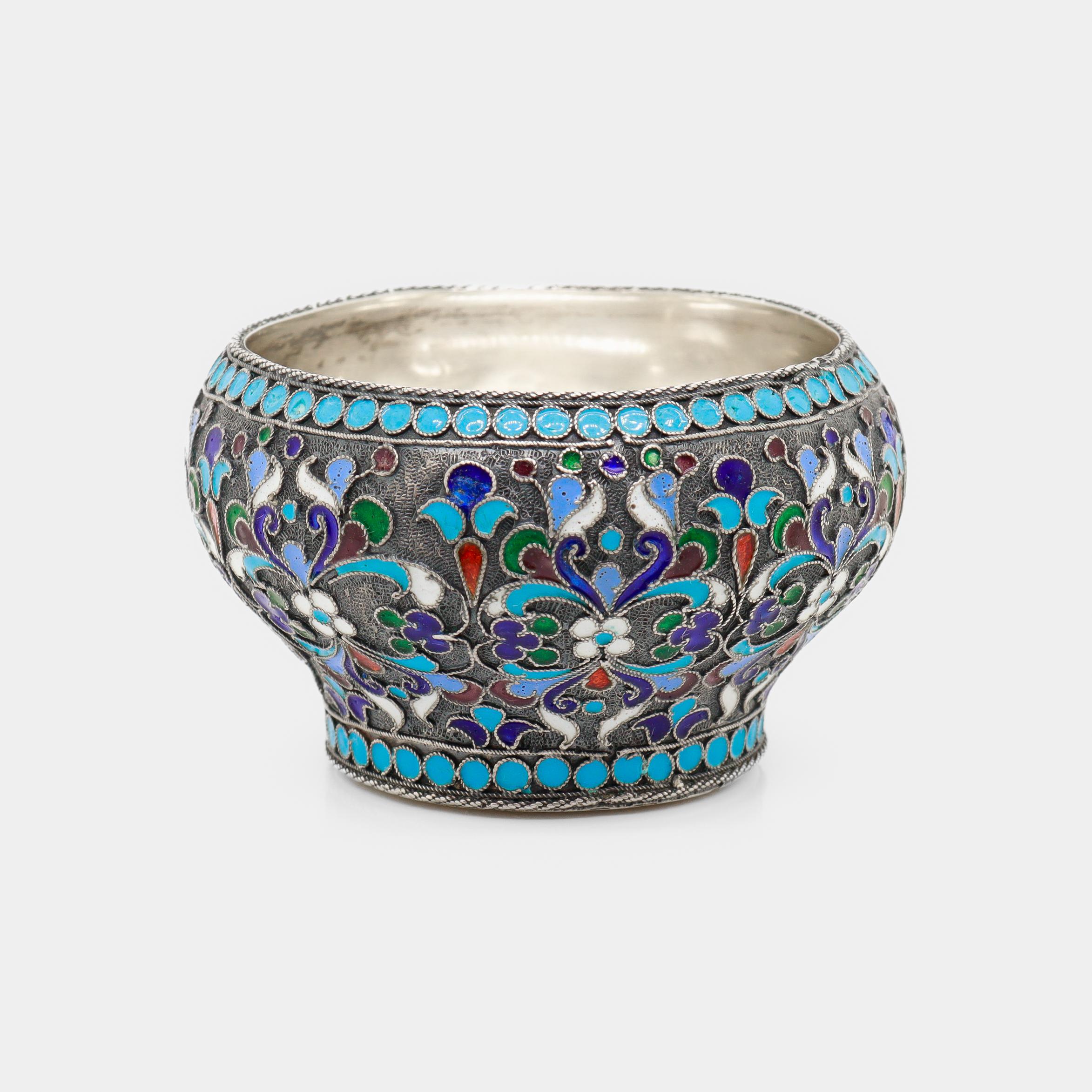 Women's or Men's Antique Russian Imperial Silver & Cloisonne Enamel Salt Cellar by Shaposhnikov For Sale
