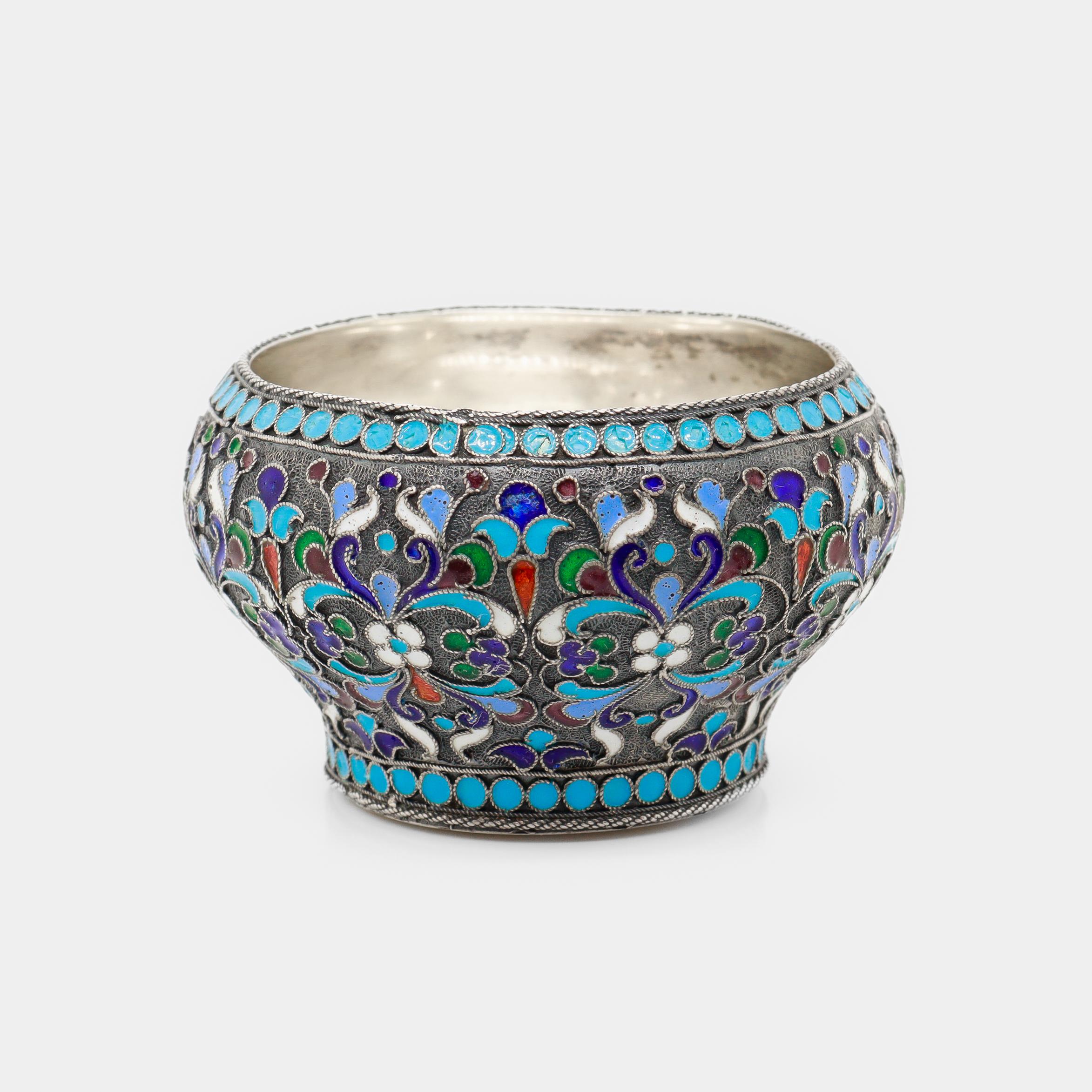 Antique Russian Imperial Silver & Cloisonne Enamel Salt Cellar by Shaposhnikov For Sale 1