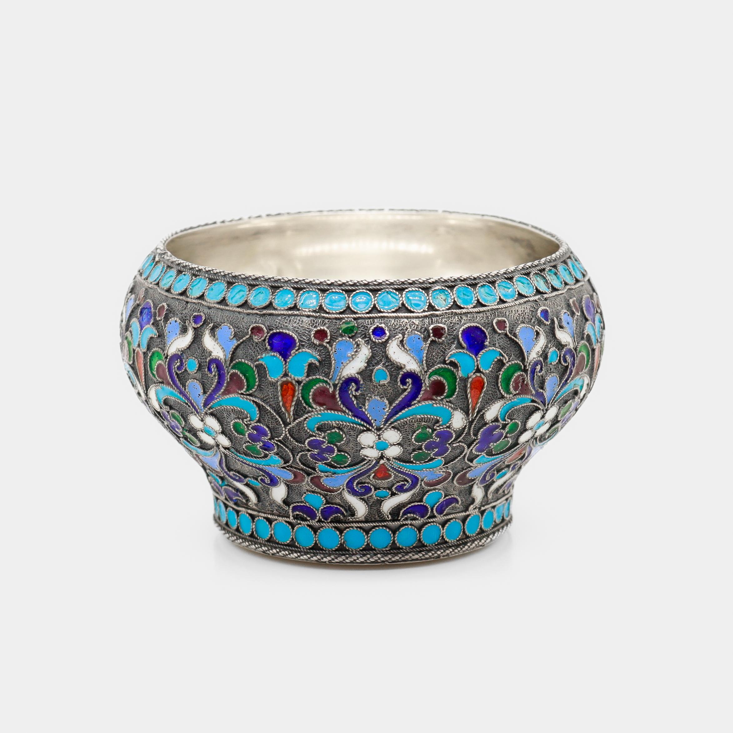 Antique Russian Imperial Silver & Cloisonne Enamel Salt Cellar by Shaposhnikov For Sale 2