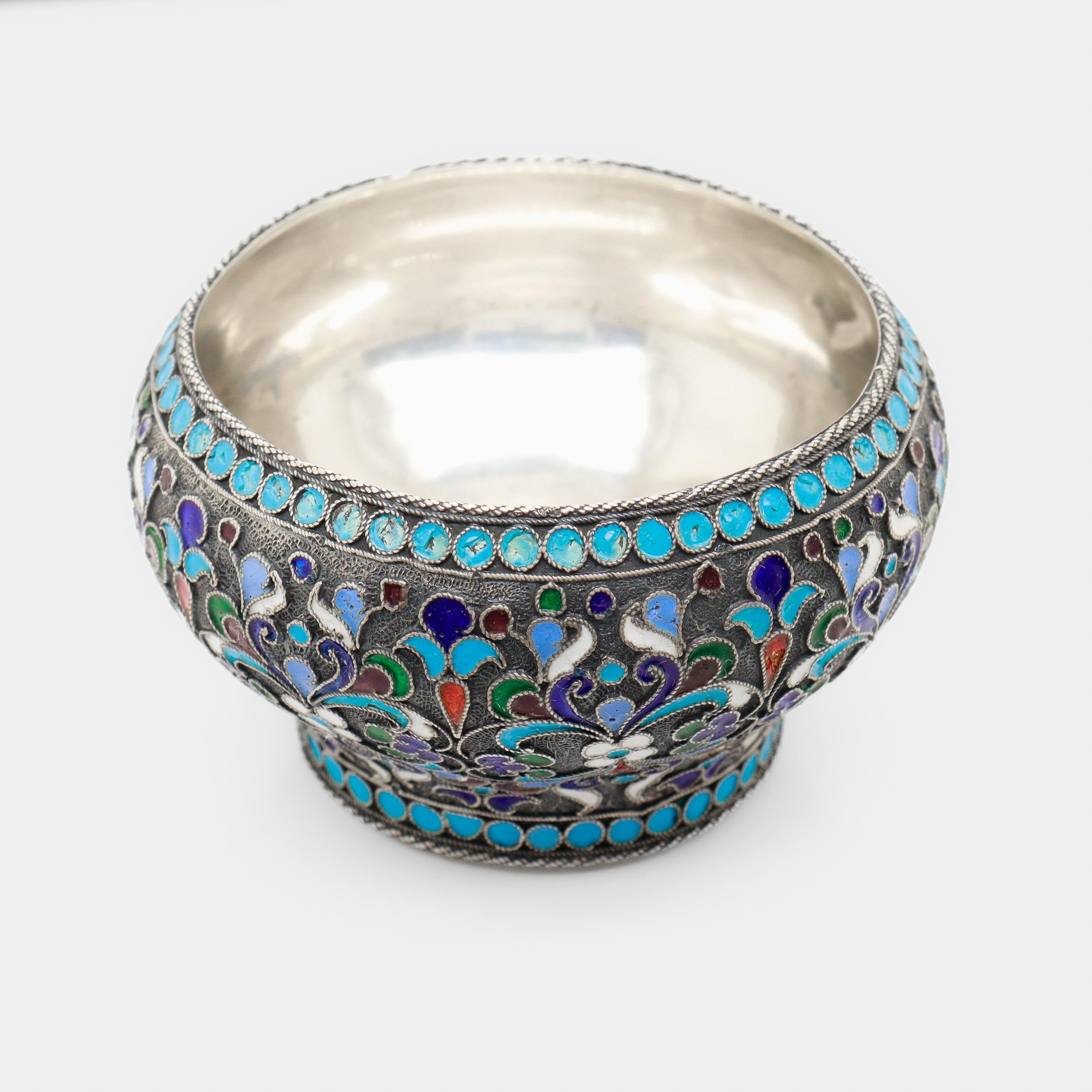 Antique Russian Imperial Silver & Cloisonne Enamel Salt Cellar by Shaposhnikov For Sale 3