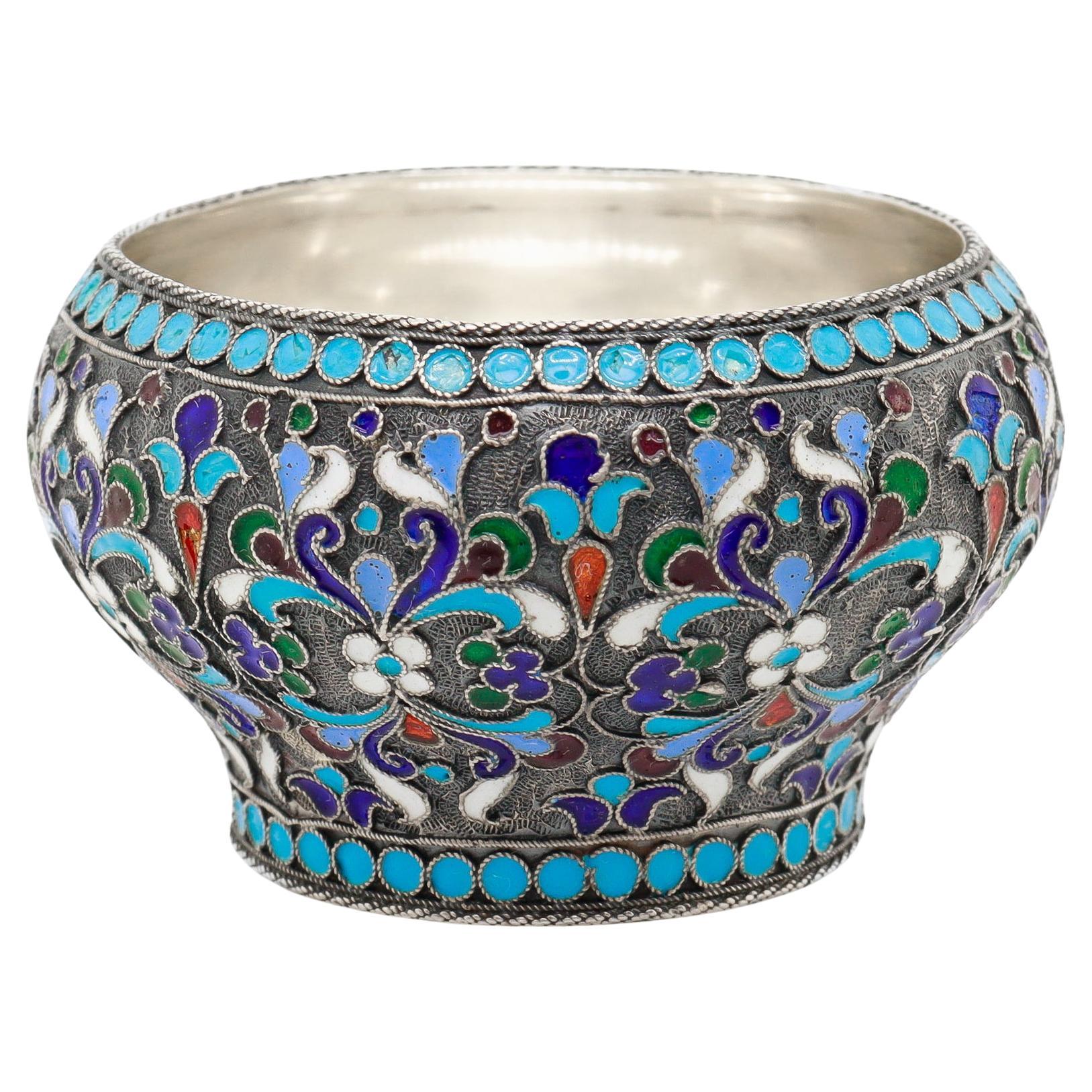Antiker russischer kaiserlicher Salzstreuer aus Silber und Cloisonné-Emaille von Shaposhnikov