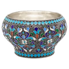 Antique Russian Imperial Silver & Cloisonne Enamel Salt Cellar by Shaposhnikov