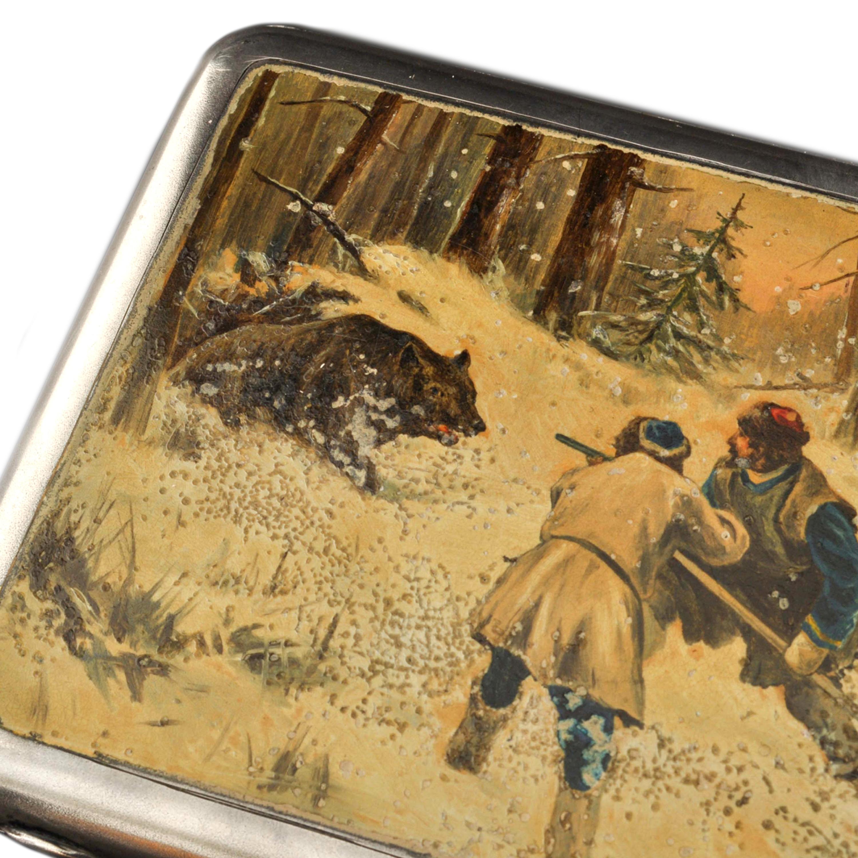 Antique Russian Imperial Silver Enamel Hunting Scene Cigarette Case, 1898-1914 In Good Condition For Sale In Portland, OR