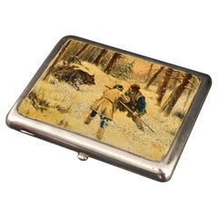 Antique Russian Imperial Silver Enamel Hunting Scene Cigarette Case, 1898-1914