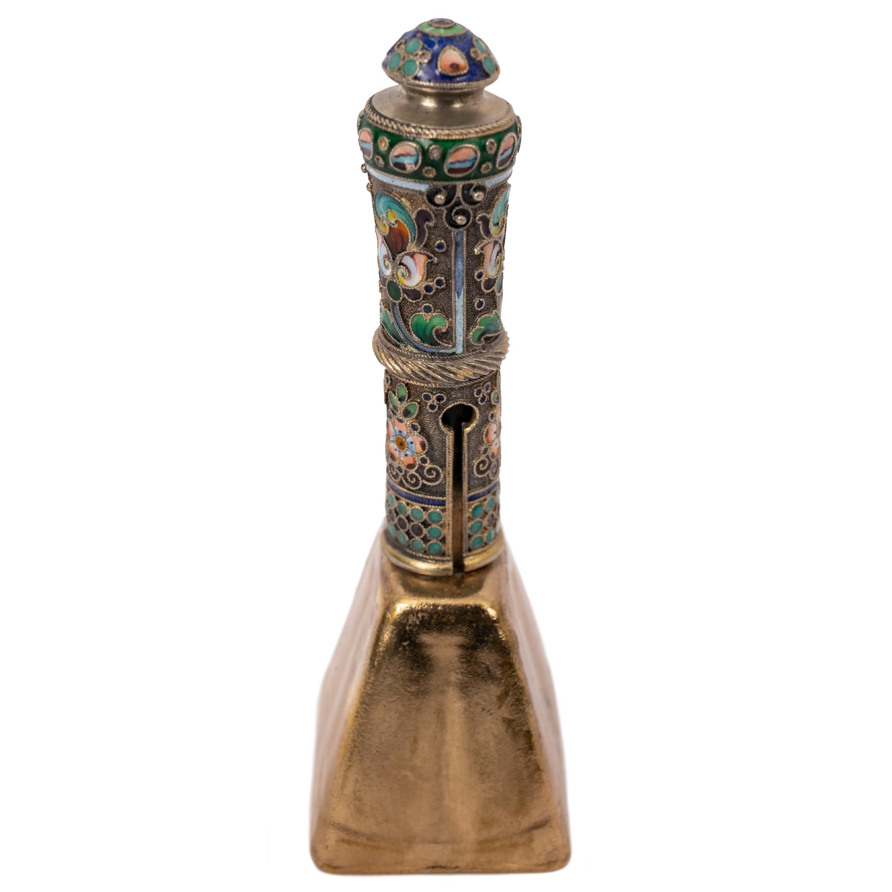 Baltic Antique Russian Imperial Silver Gilt Cloisonné Table Dinner Bell, Moscow, 1908