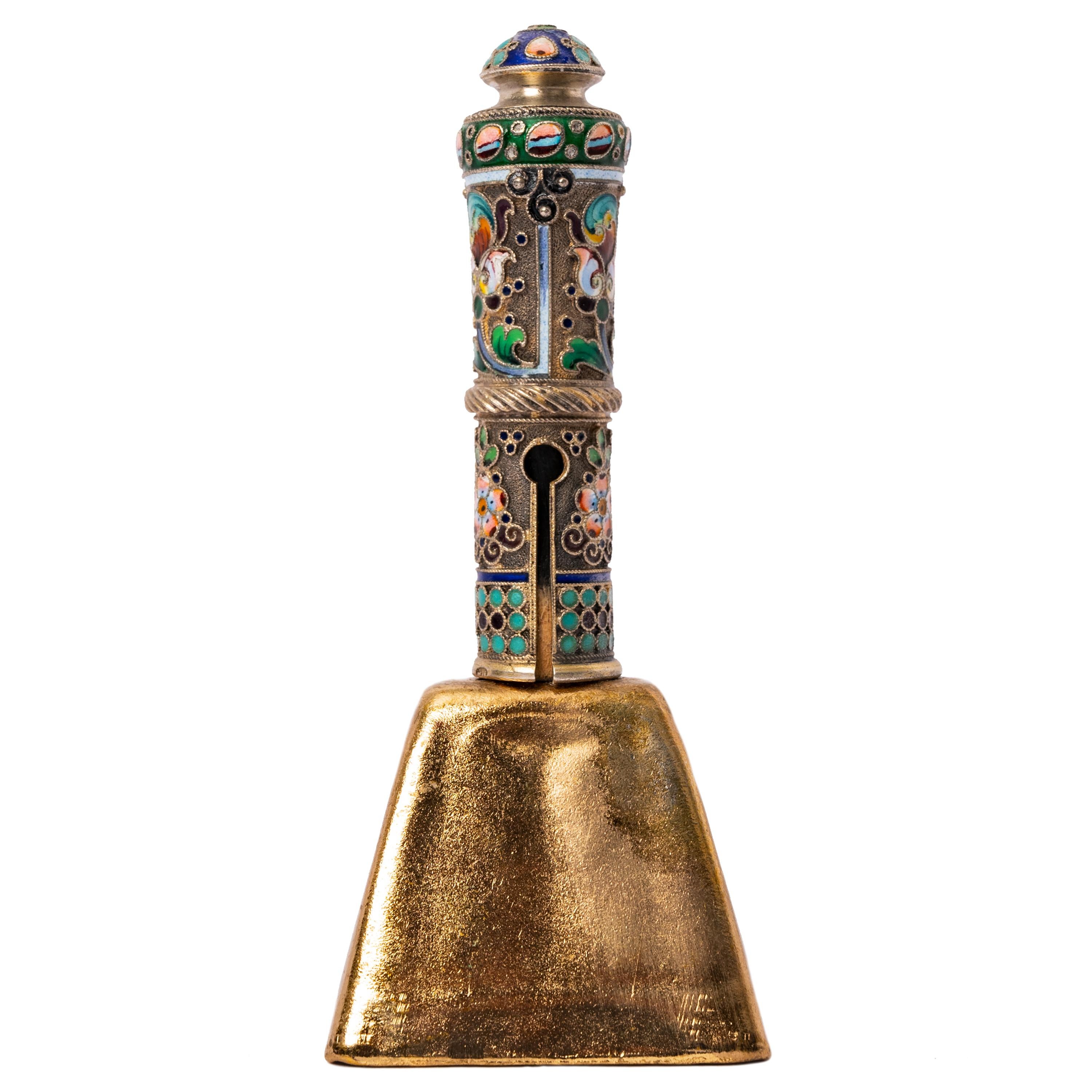 Antique Russian Imperial Silver Gilt Cloisonné Table Dinner Bell, Moscow, 1908 In Good Condition In Portland, OR