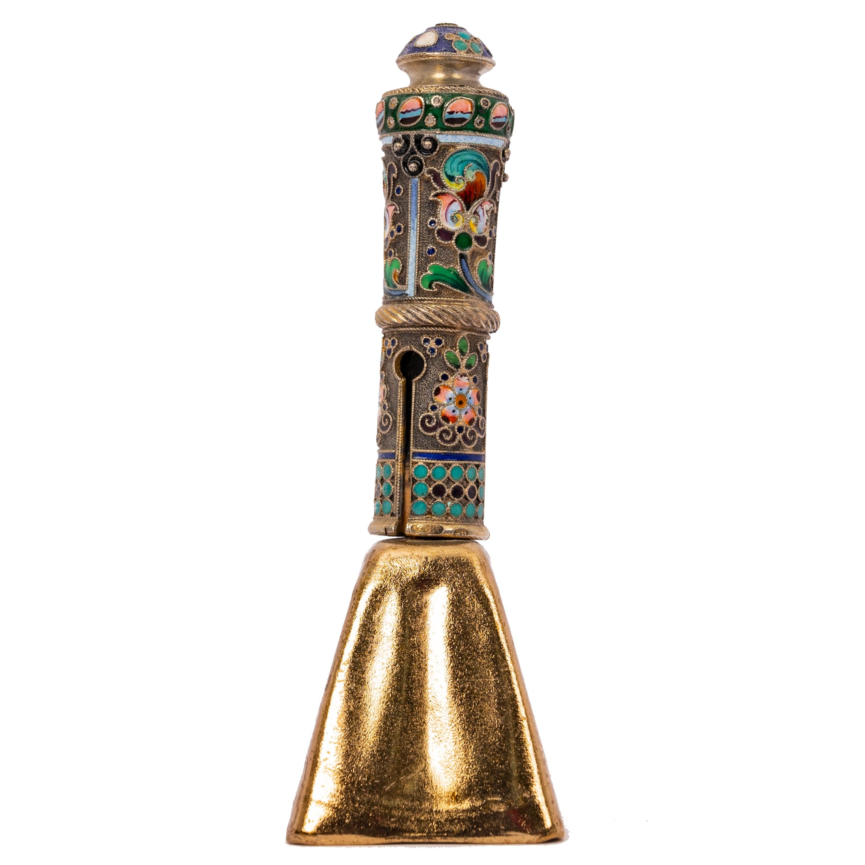 Antique Russian Imperial Silver Gilt Cloisonné Table Dinner Bell, Moscow, 1908 1