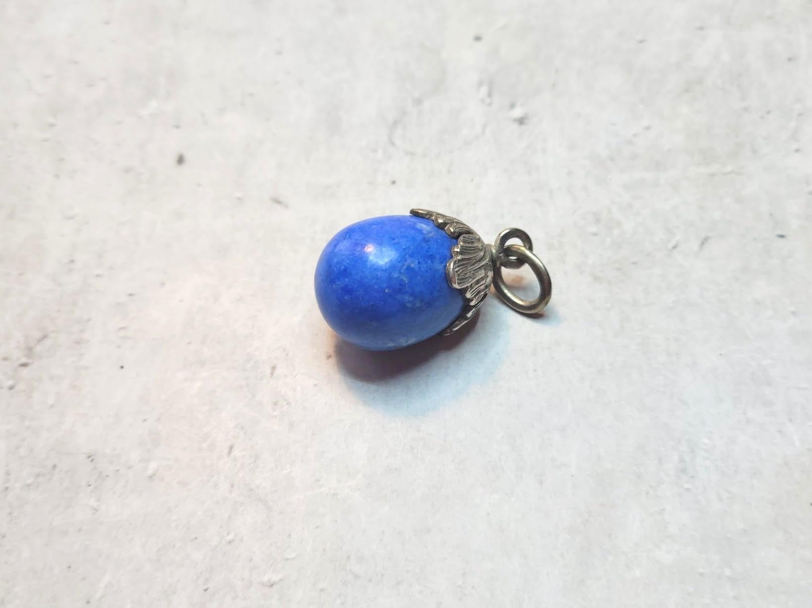 Antique Russian Imperial Silver Lapis Lazuli Egg Pendant by Alfred Thielemann In Excellent Condition In Chesterland, OH