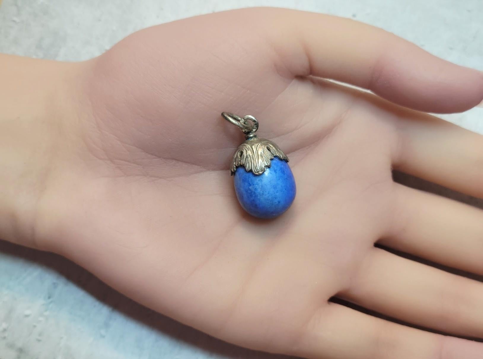 Antique Russian Imperial Silver Lapis Lazuli Egg Pendant by Alfred Thielemann 1