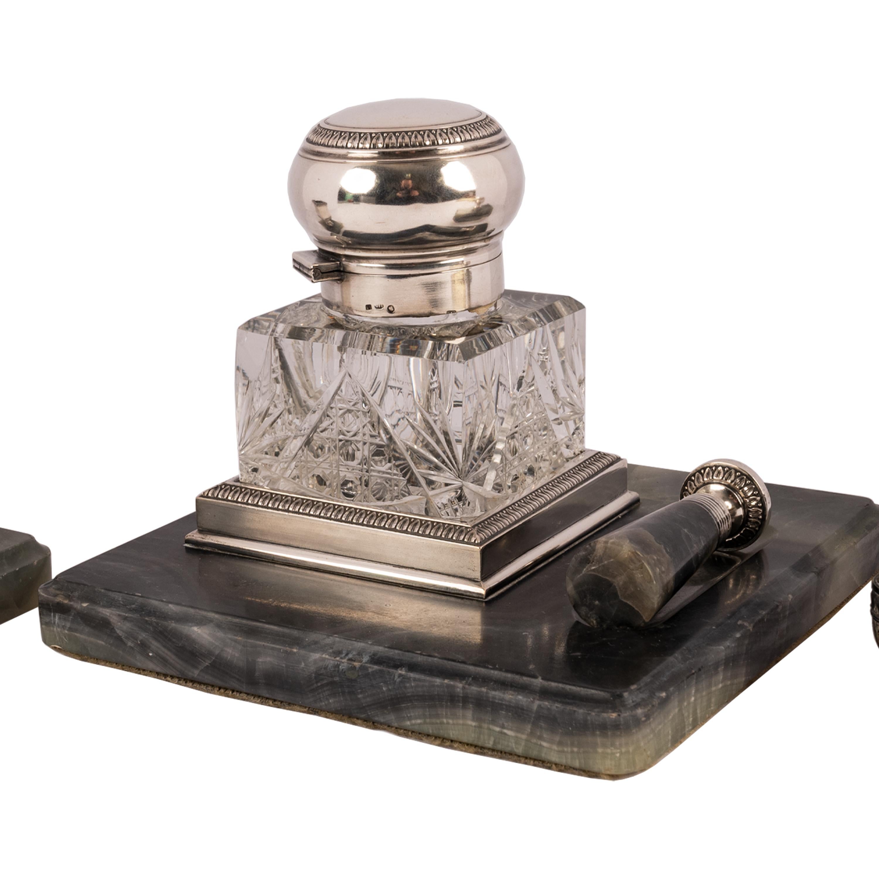 Antique Russian Imperial Silver & Onyx Desk Writing Pen Set Inkwell Blotter Seal In Good Condition In Portland, OR