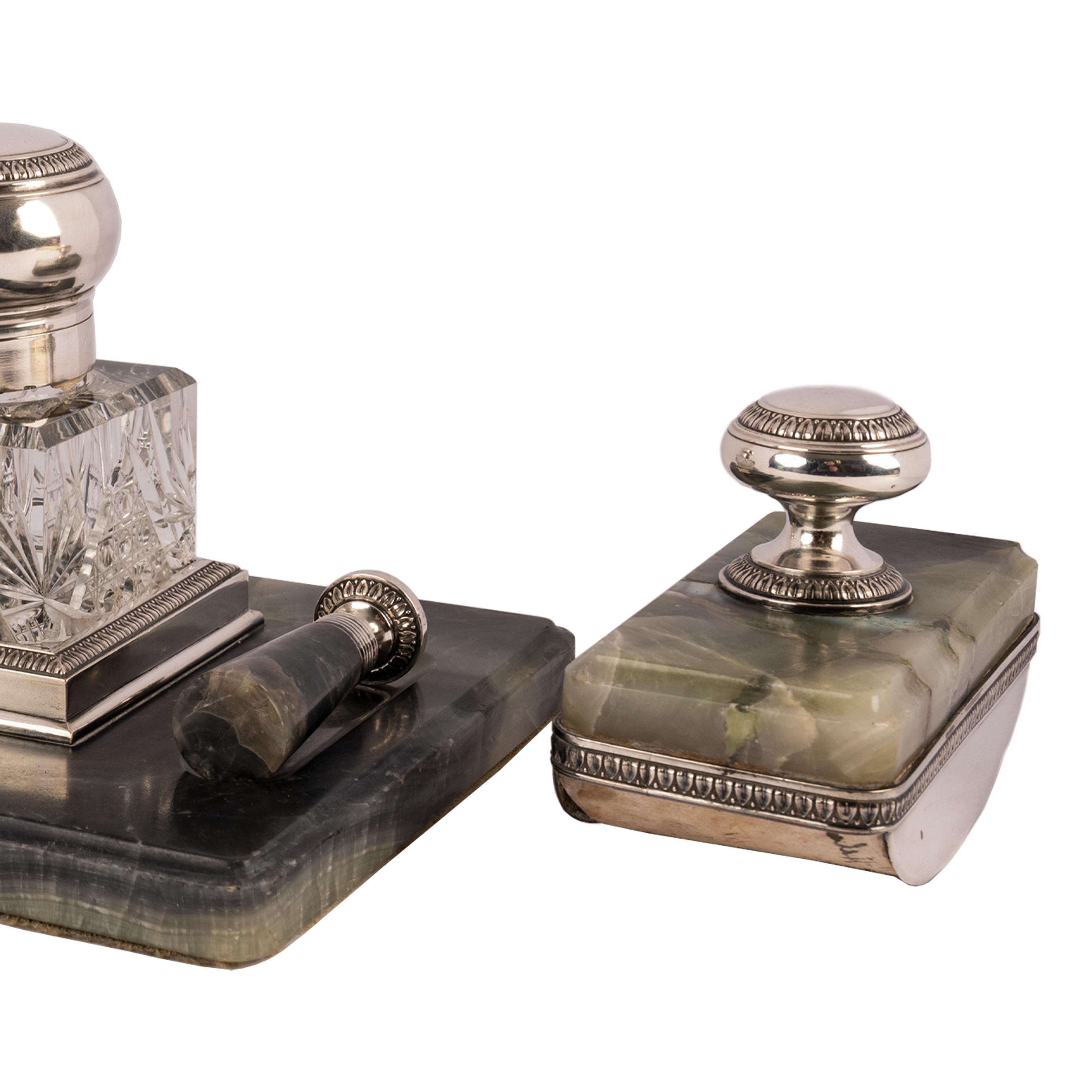 Late 19th Century Antique Russian Imperial Silver & Onyx Desk Writing Pen Set Inkwell Blotter Seal