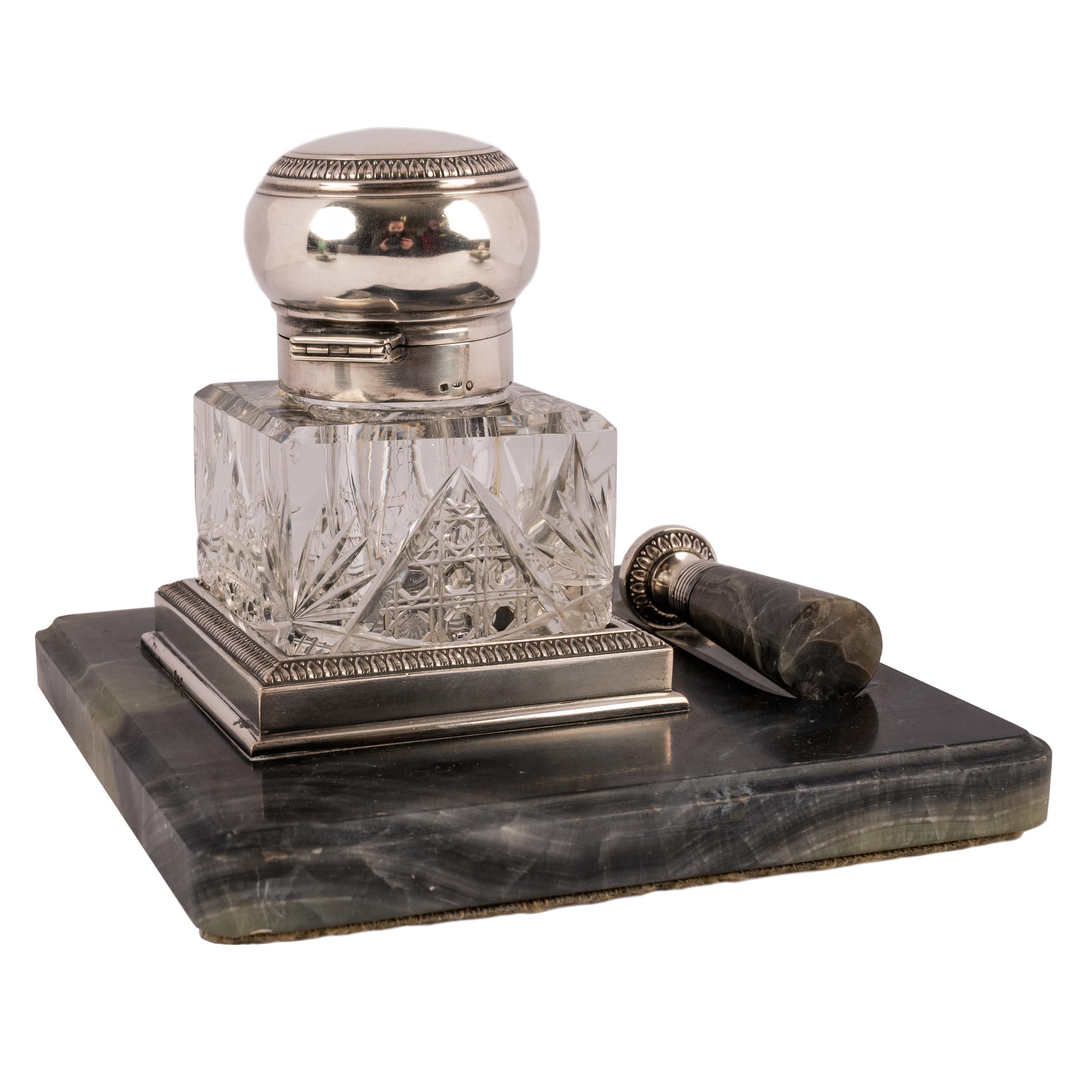 Antique Russian Imperial Silver & Onyx Desk Writing Pen Set Inkwell Blotter Seal 1