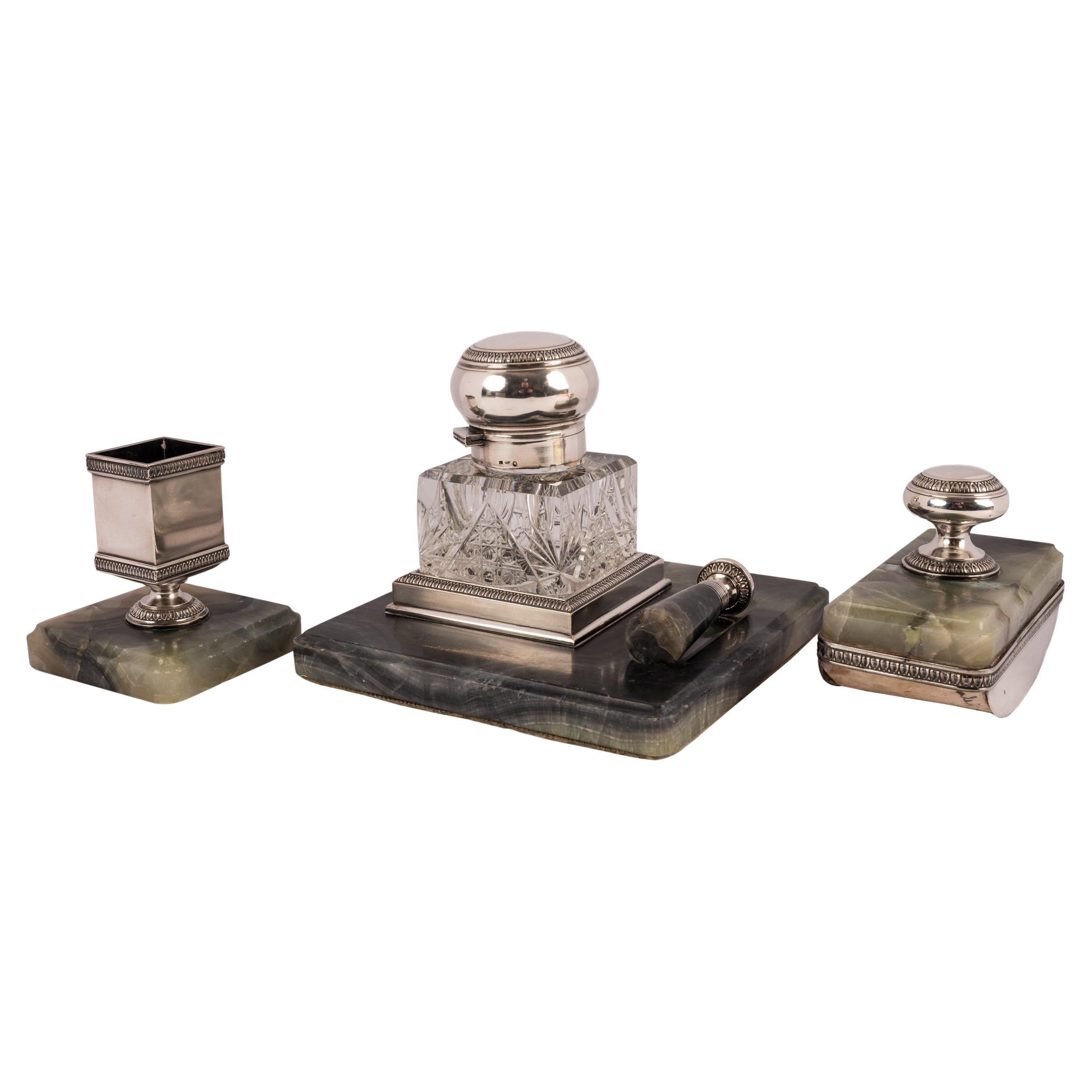 Antique Russian Imperial Silver 
Onyx Desk Writing Pen Set Inkwell Blotter Seal