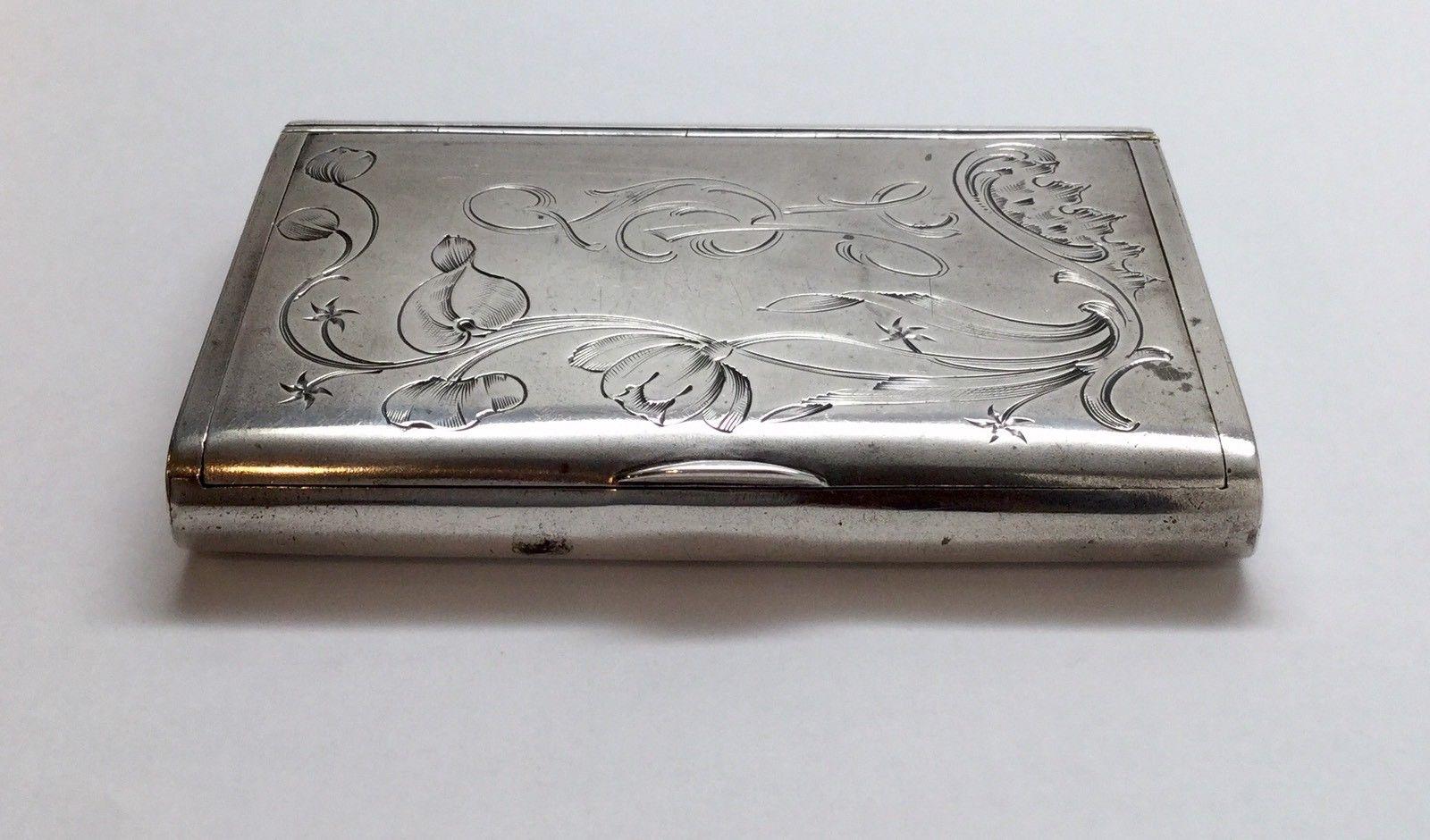 Antike russische Ivan Lebedkin 84 Silber Zigarettenetui Blumenmotiv 3