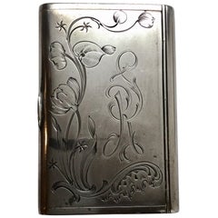 Antique Russian Ivan Lebedkin 84 Silver Cigarette Case Floral Motif