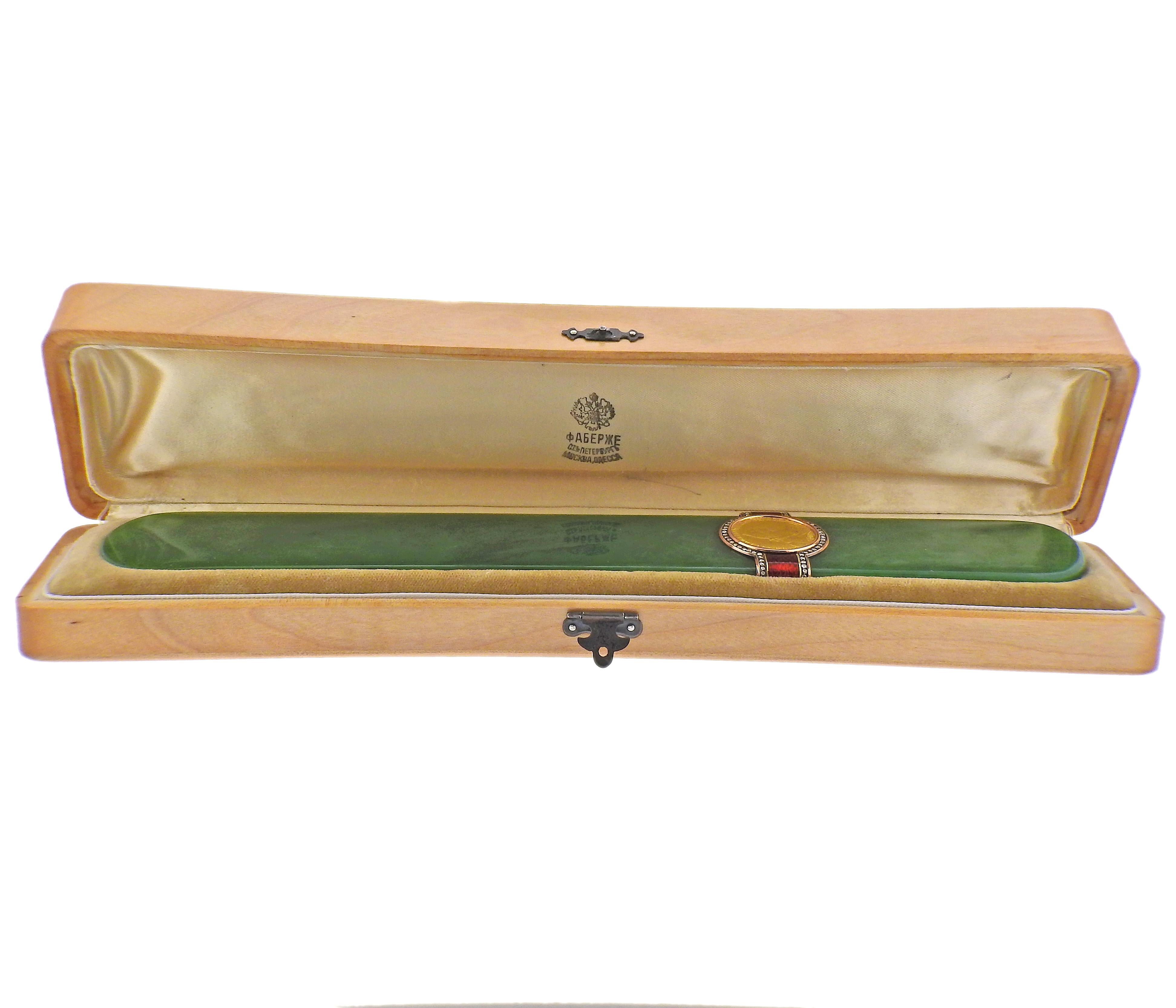Faberge Antique Russian made silver and gold art object, featuring jade , red enamel and rose cut diamonds with gold coin. Object is 10