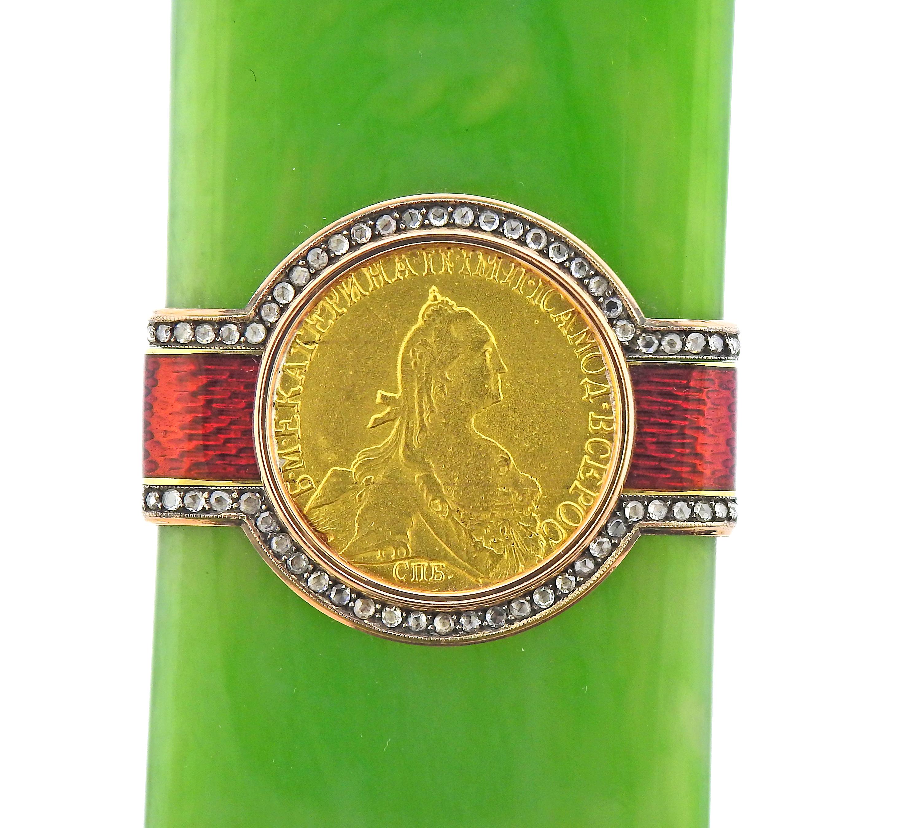 Rose Cut Antique Russian Jade Diamond Enamel Silver Gold Object
