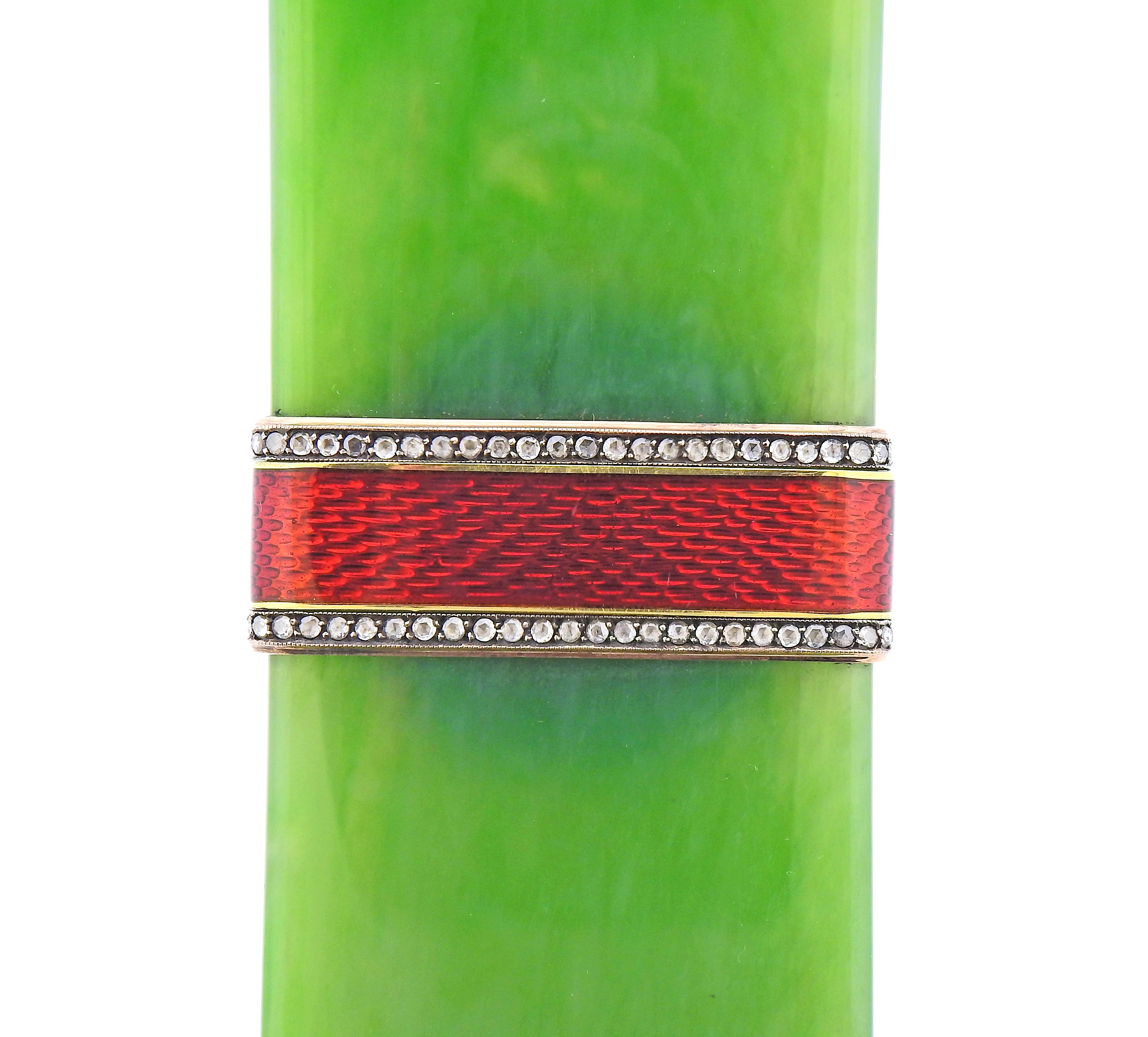 Antique Russian Jade Diamond Enamel Silver Gold Object In Excellent Condition In New York, NY