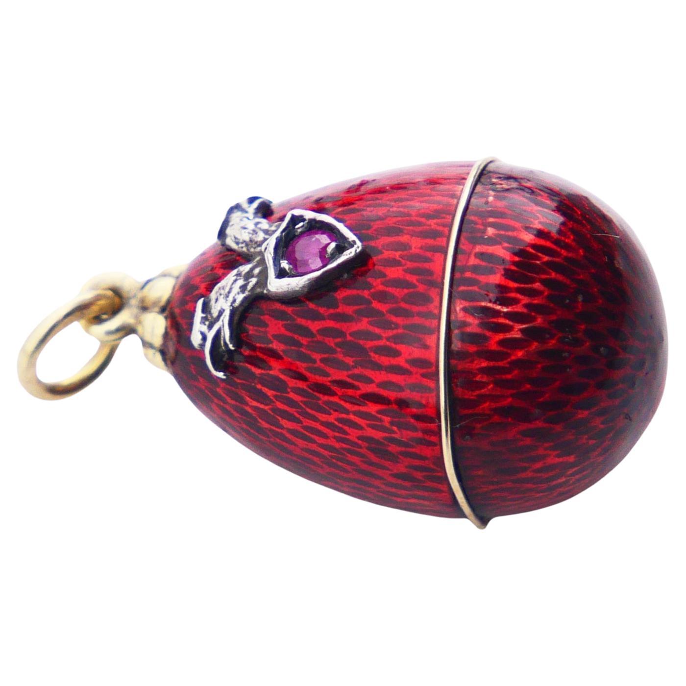 Antique Russian K. Faberge Passover Egg Pendant Ruby Enamel 56 Gold Silver