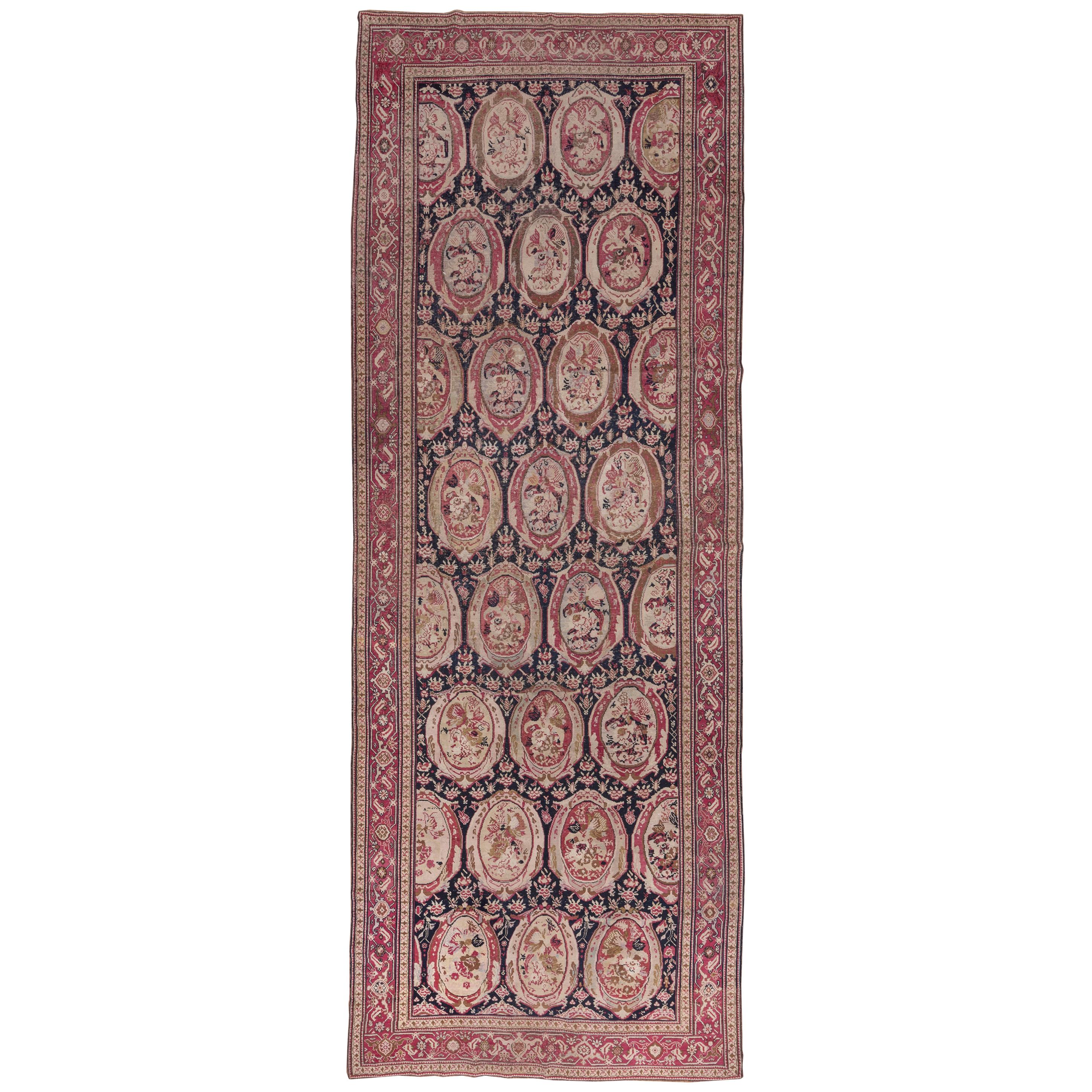 Antique Russian Karabagh Carpet, Navy Allover Field, Berry Colored Borders For Sale