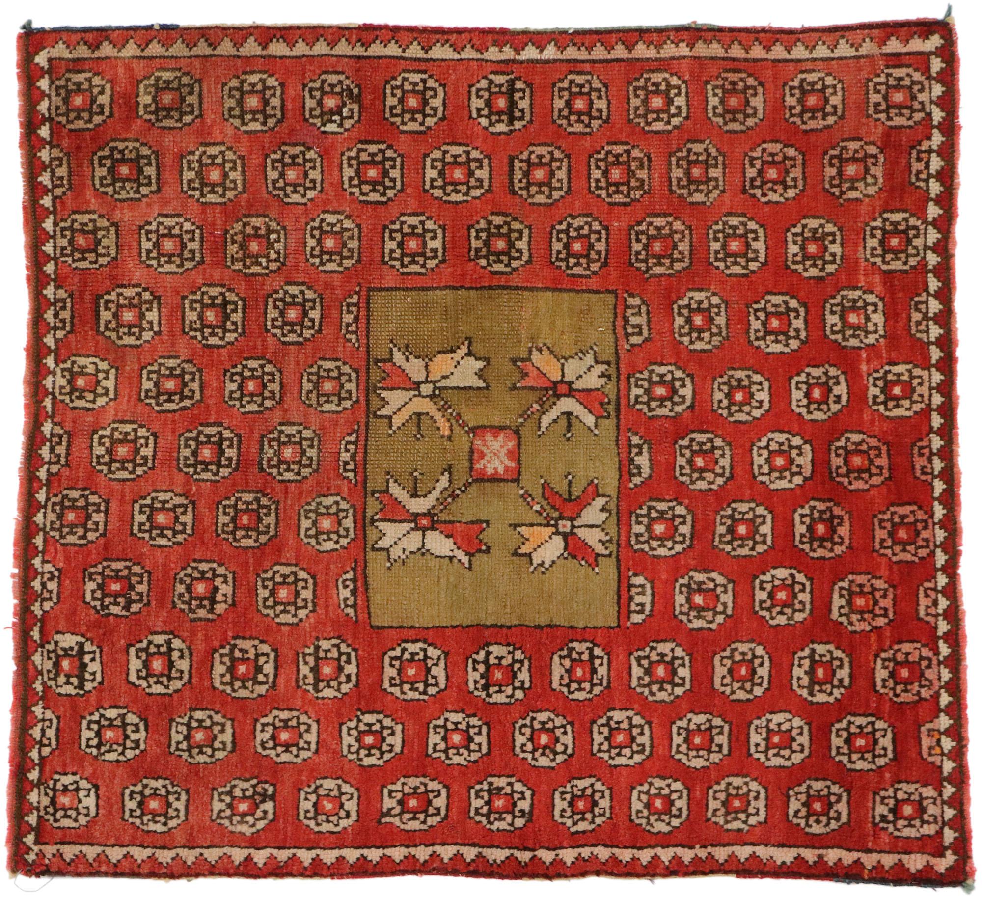 51170 Antique Russian Karabagh Square Rug with Traditional Modern Style. This hand-knotted wool antique Russian Karabagh rug features a striking all-over geometric pattern enclosing a square medallion. Rendered in contrasting colors of red and camel