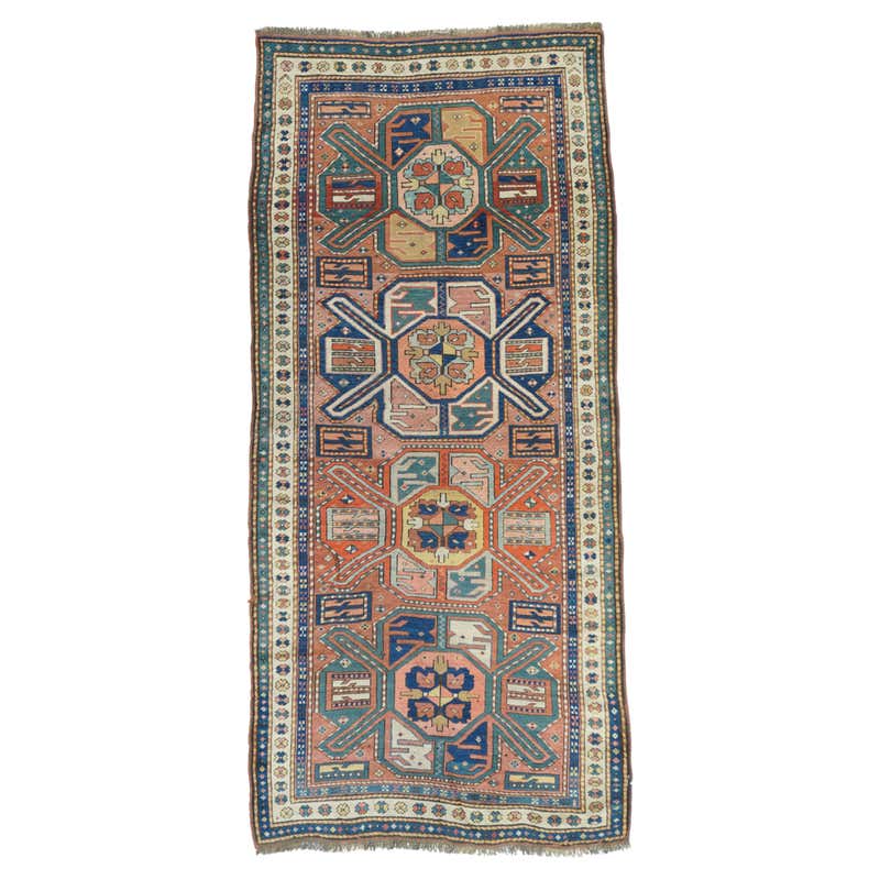 Antique Russian Rug with Rustic Colored Diamond Details on Green Field ...