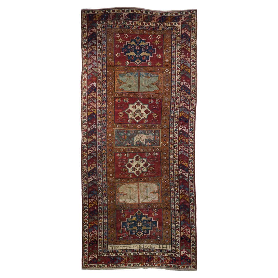 Antique Russian Rug with Rustic Colored Diamond Details on Green Field ...